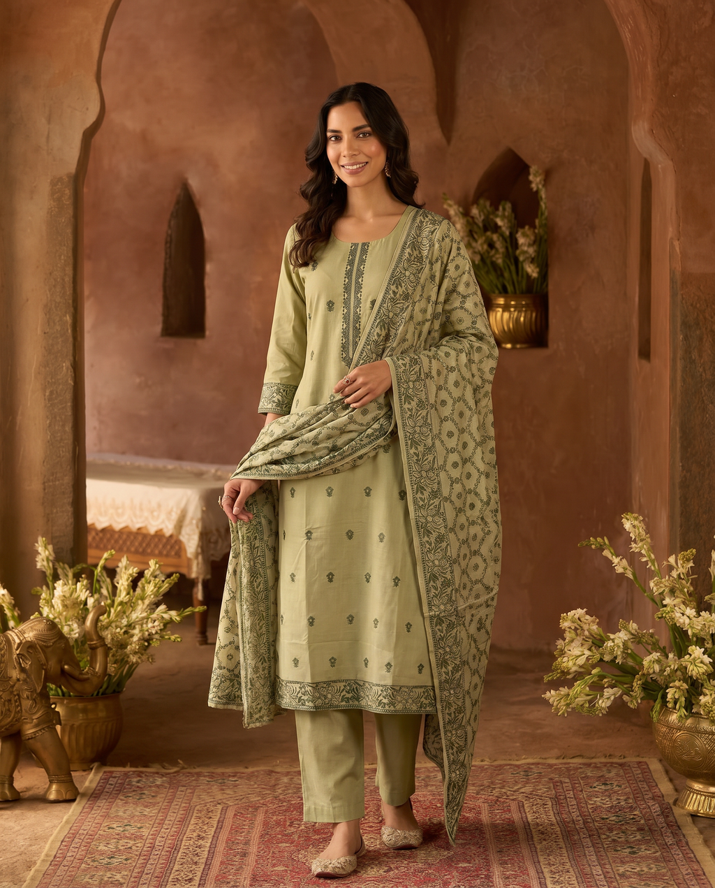 Light Green Embroidered Salwar Suit Set with Dark Green & Cream Detail - front