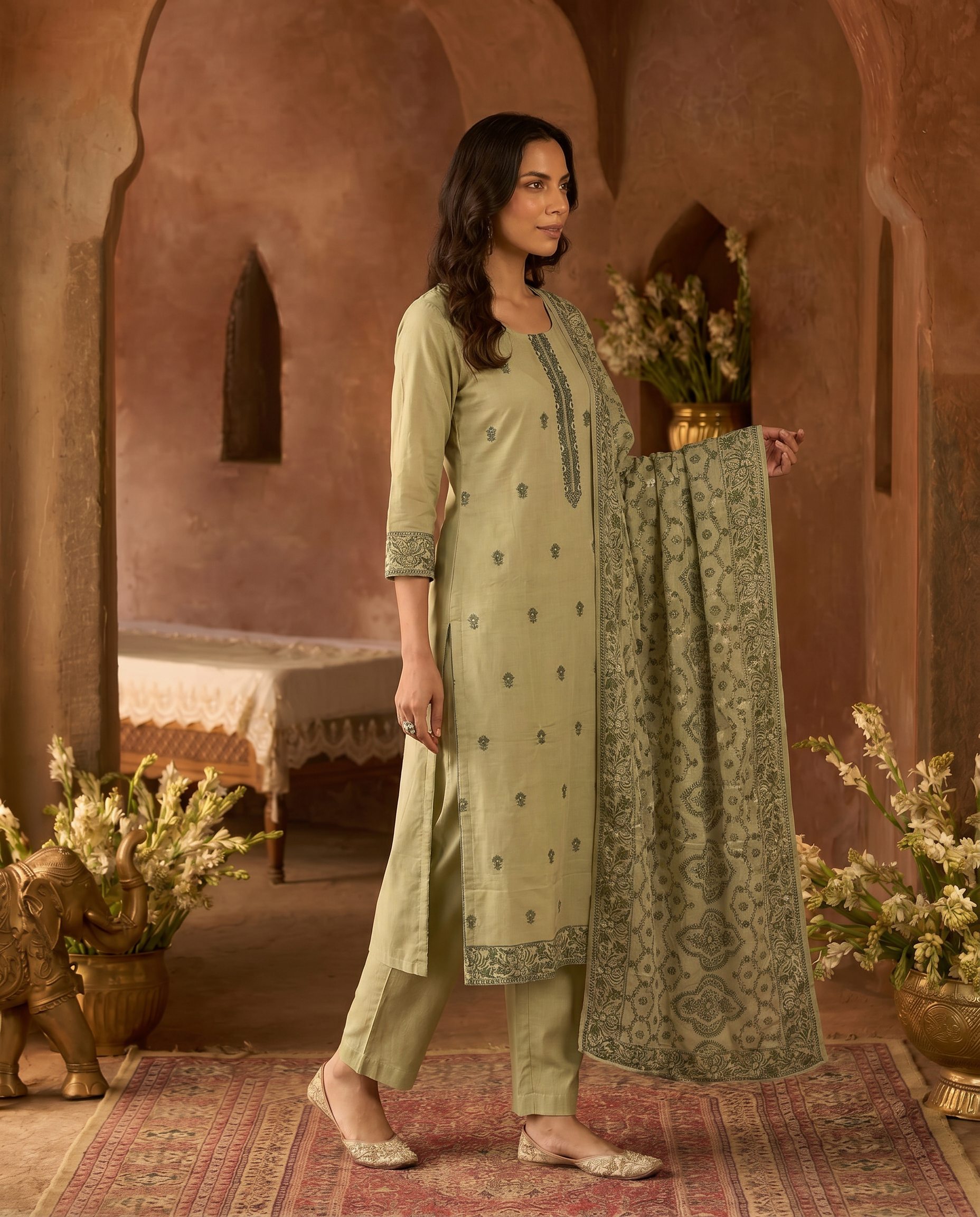 Light Green Embroidered Salwar Suit Set with Dark Green & Cream Detail - side