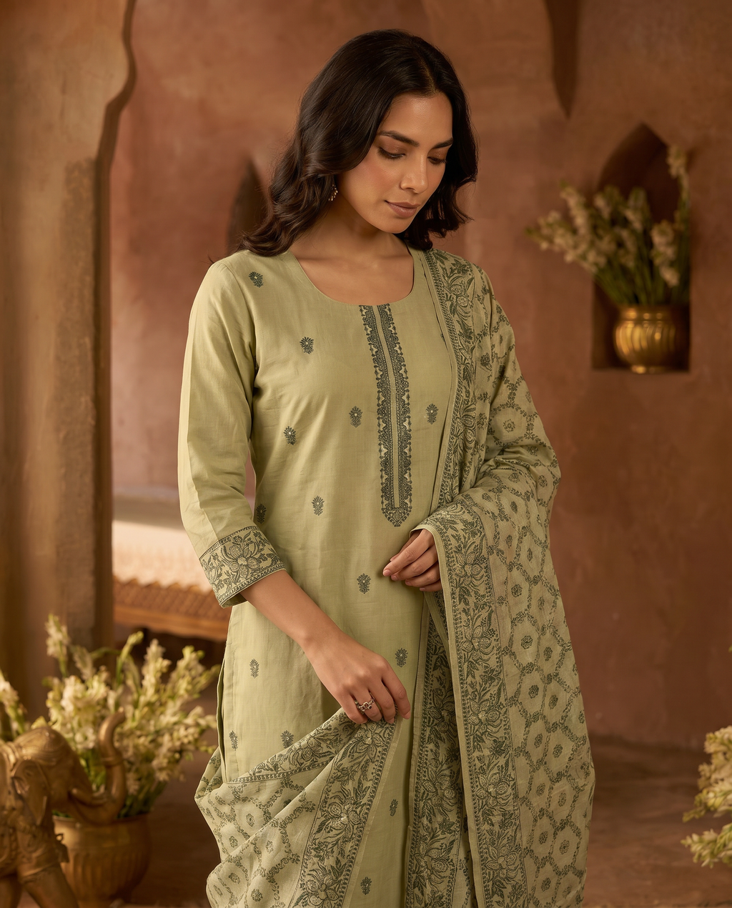 Light Green Embroidered Salwar Suit Set with Dark Green & Cream Detail - closeup