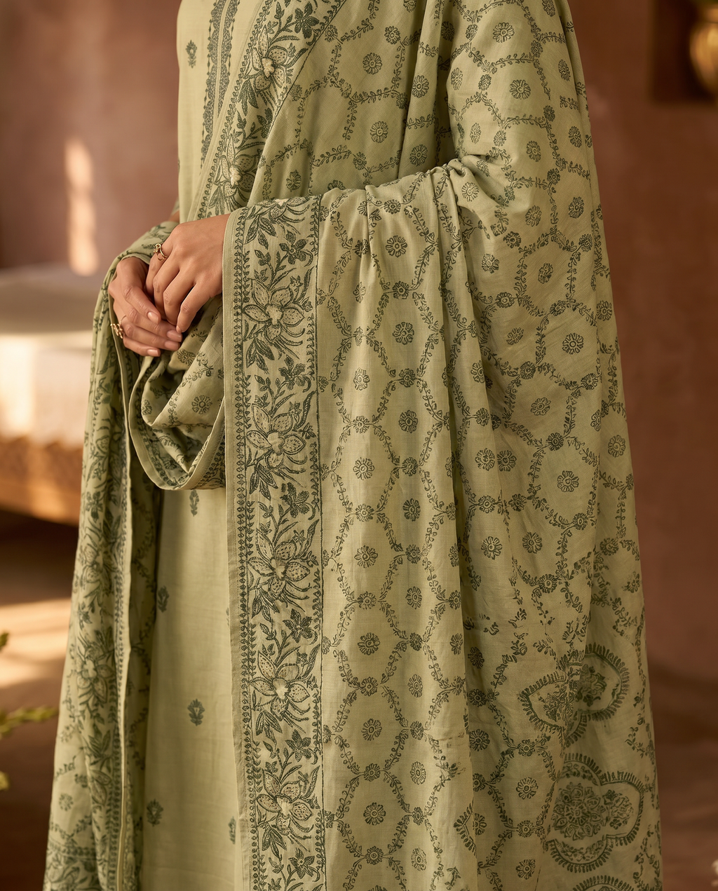 Light Green Embroidered Salwar Suit Set with Dark Green & Cream Detail - dupatta