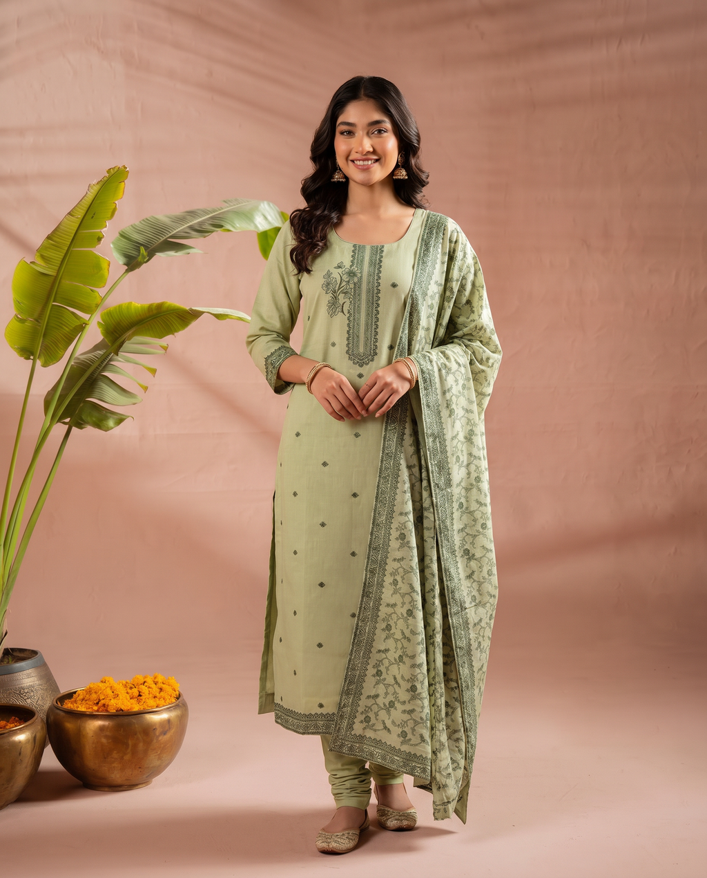 Light Green Embroidered Salwar Suit Set with Dark Green Detail - front