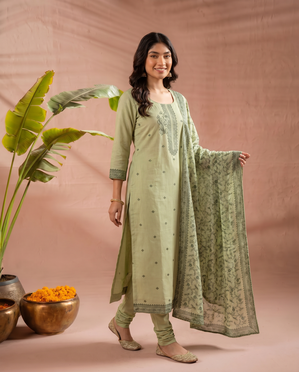 Light Green Embroidered Salwar Suit Set with Dark Green Detail - side