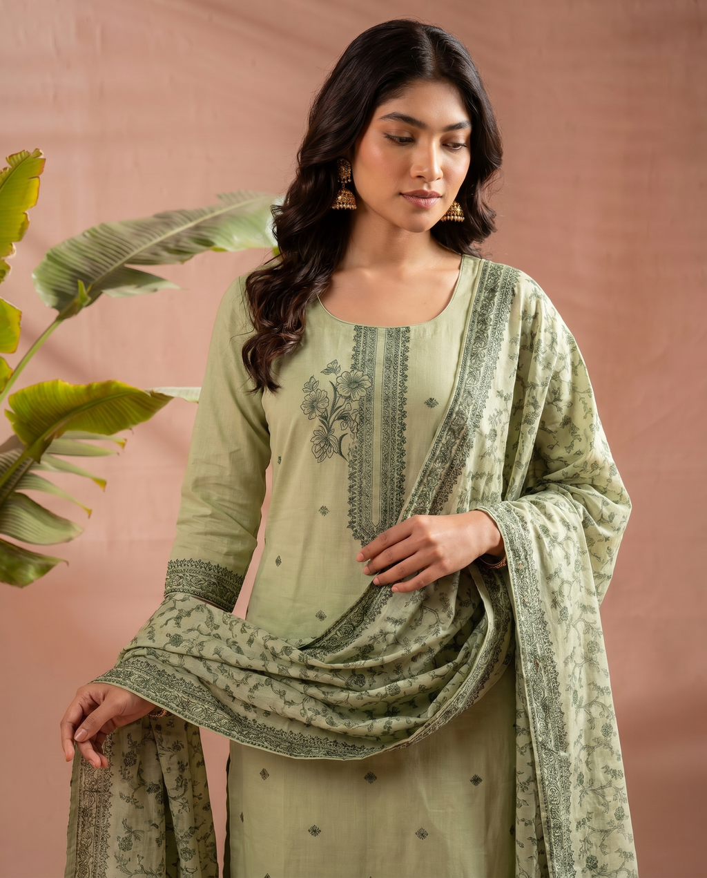 Light Green Embroidered Salwar Suit Set with Dark Green Detail - closeup