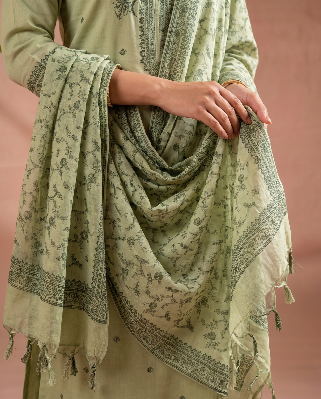 Light Green Embroidered Salwar Suit Set with Dark Green Detail - dupatta