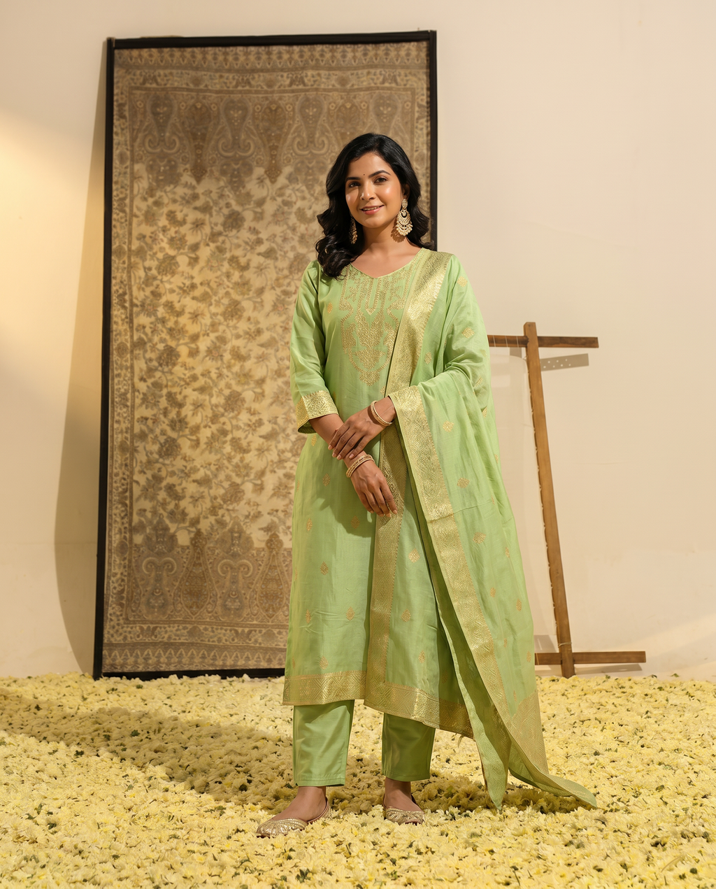 Light Green Embroidered Salwar Suit Set with Gold Detail - front