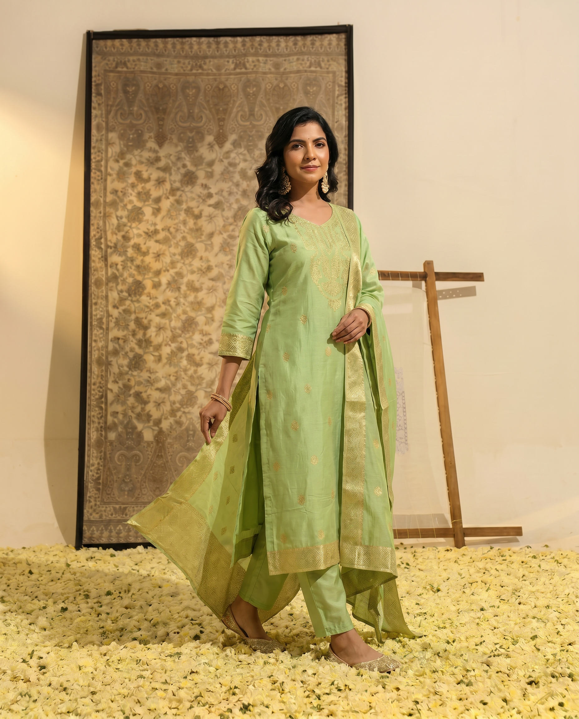 Light Green Embroidered Salwar Suit Set with Gold Detail - side