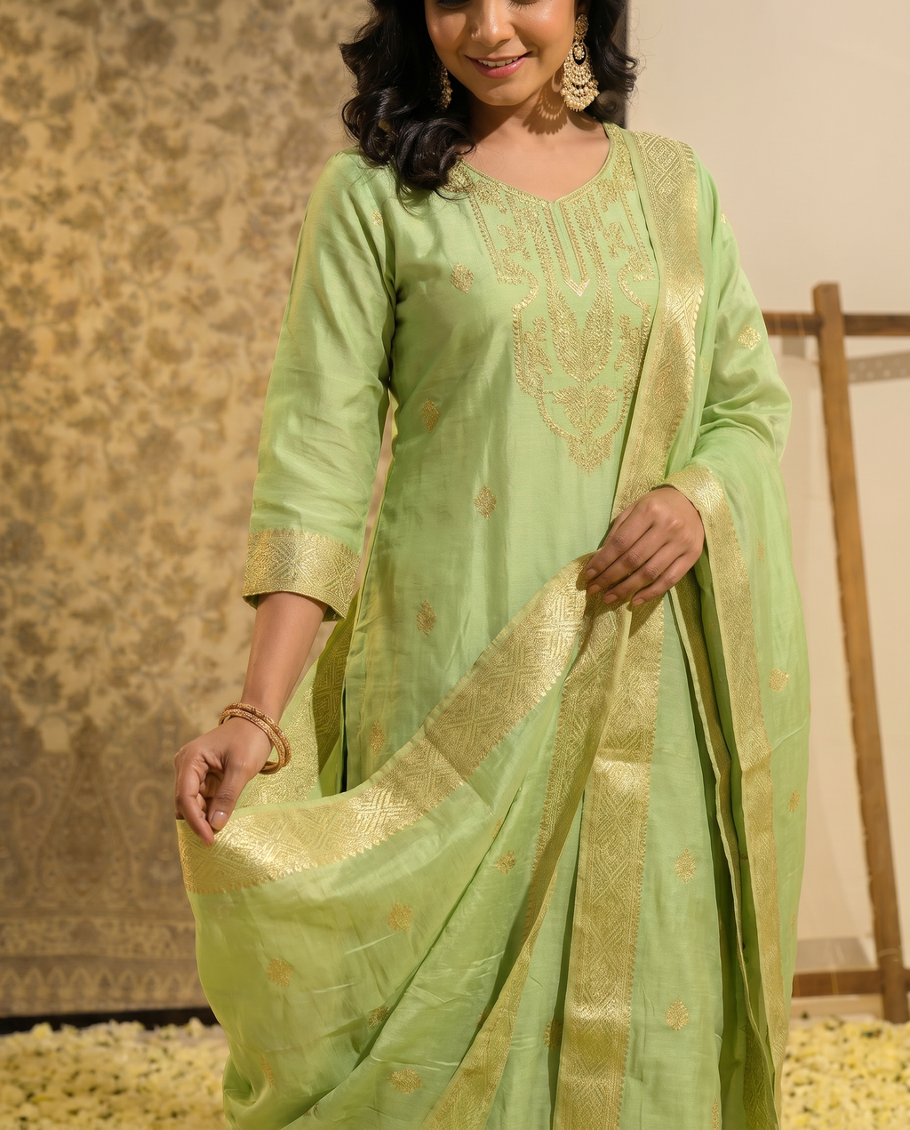 Light Green Embroidered Salwar Suit Set with Gold Detail - closeup