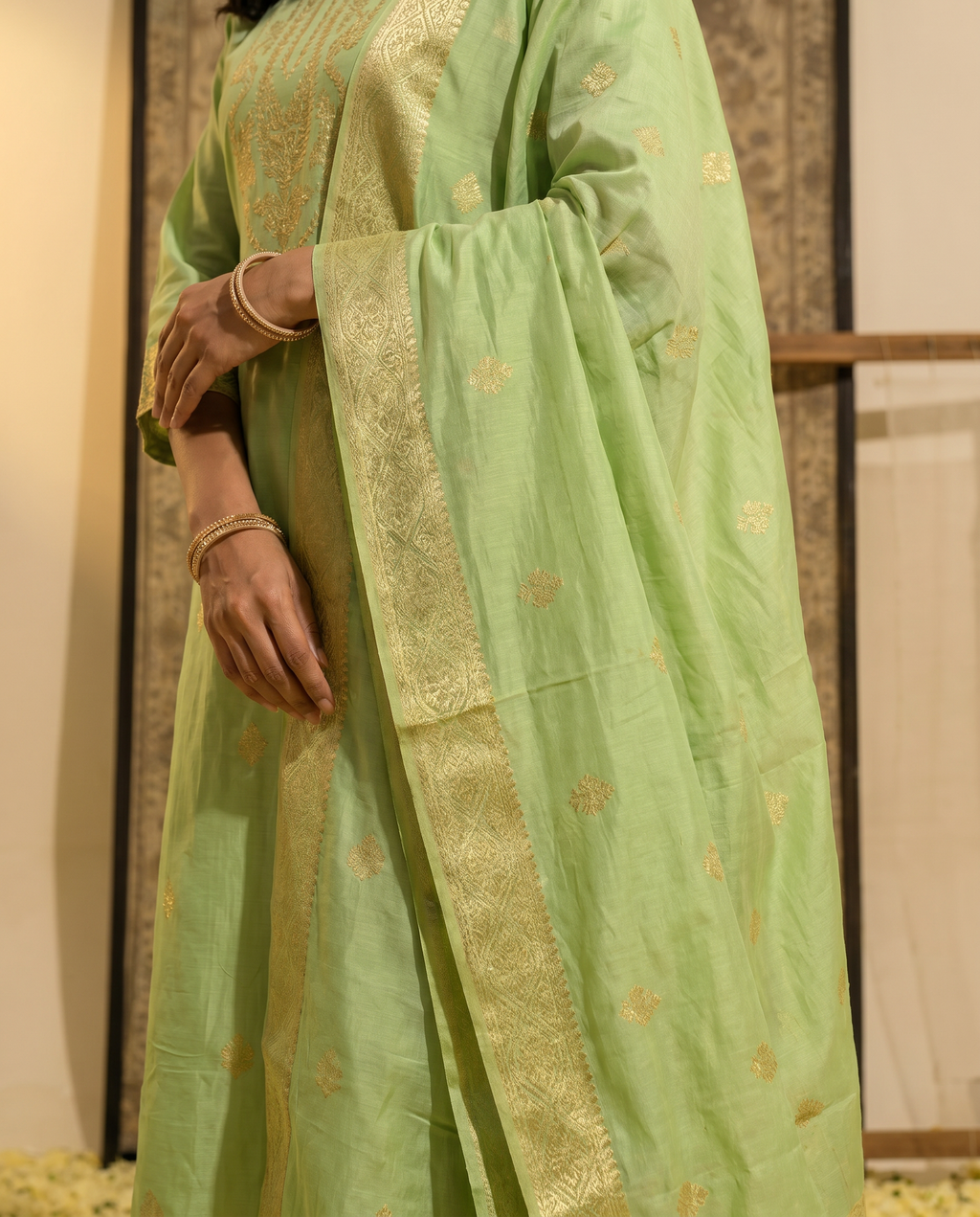 Light Green Embroidered Salwar Suit Set with Gold Detail - dupatta
