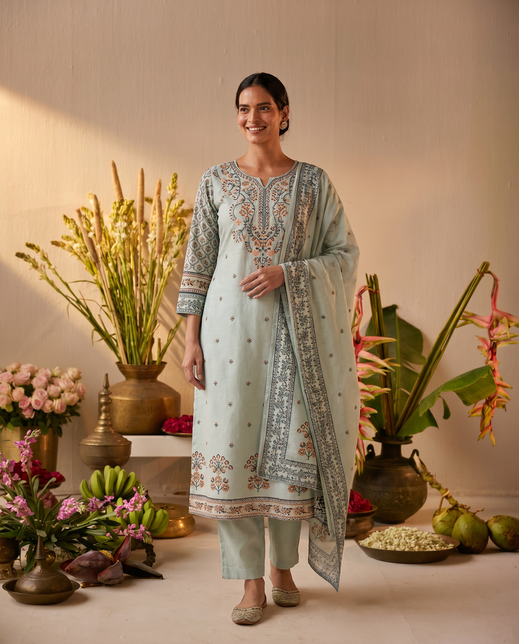 Light Green Embroidered Salwar Suit Set with Grey Detail - front