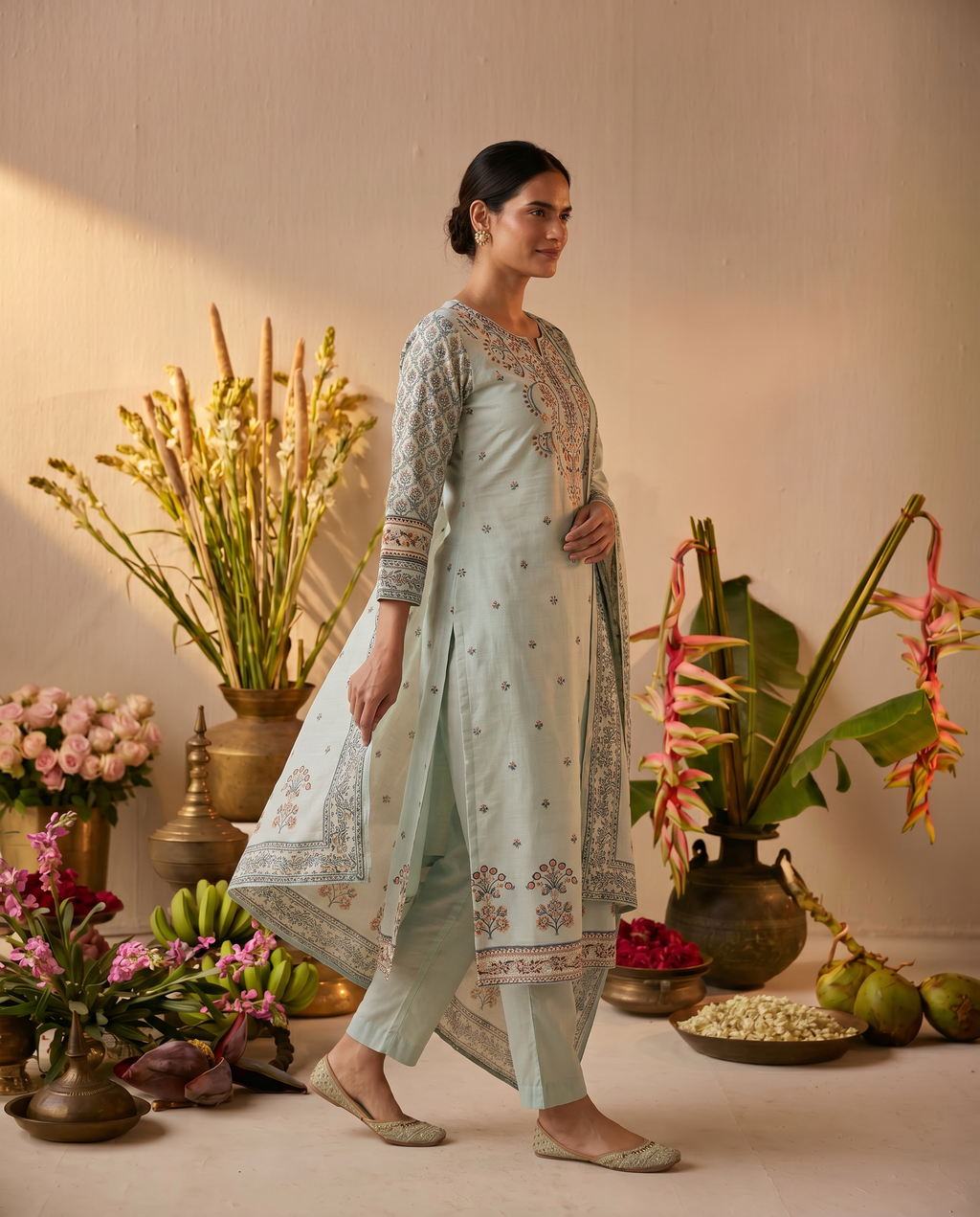 Light Green Embroidered Salwar Suit Set with Grey Detail - side