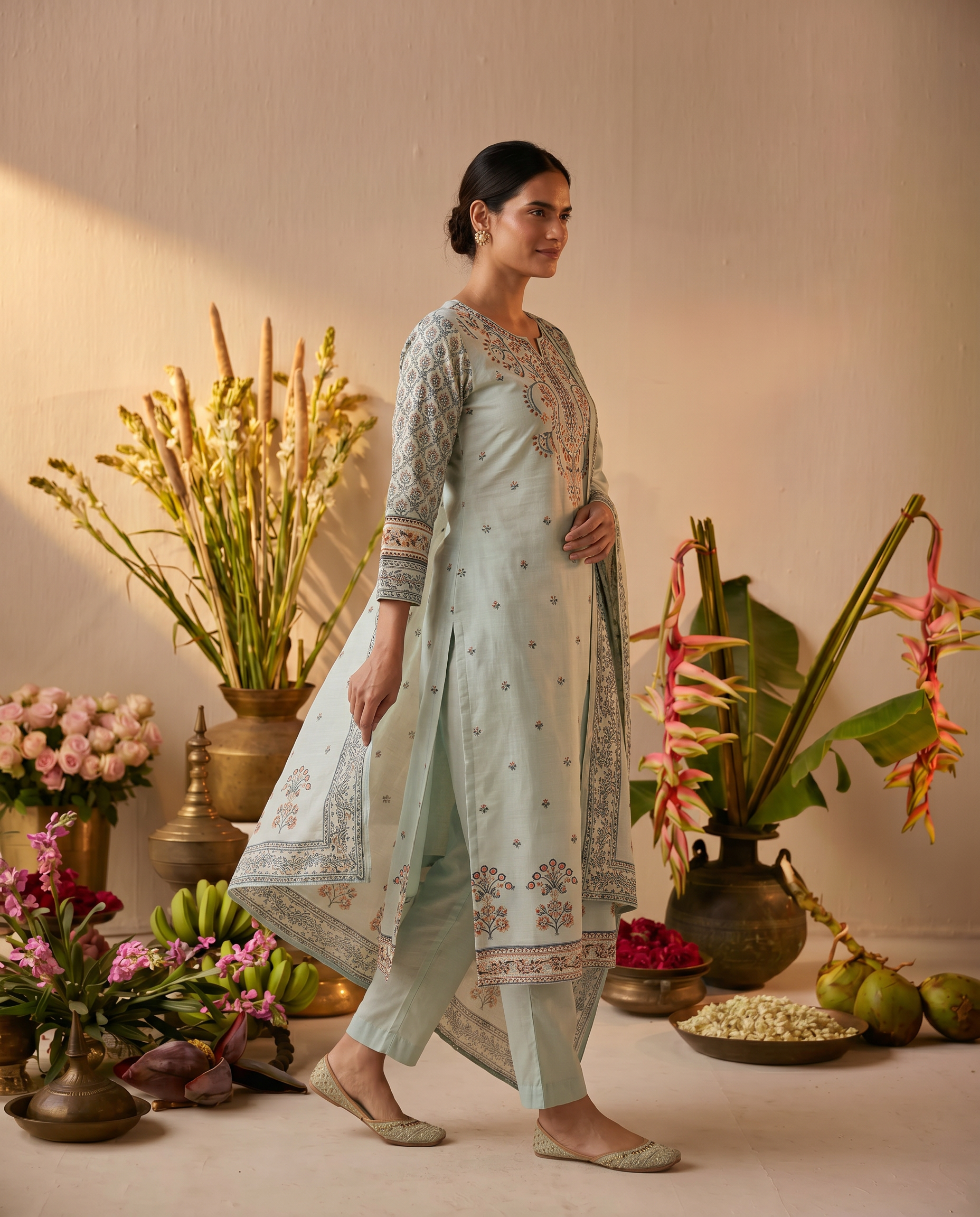 Light Green Embroidered Salwar Suit Set with Grey Detail - side