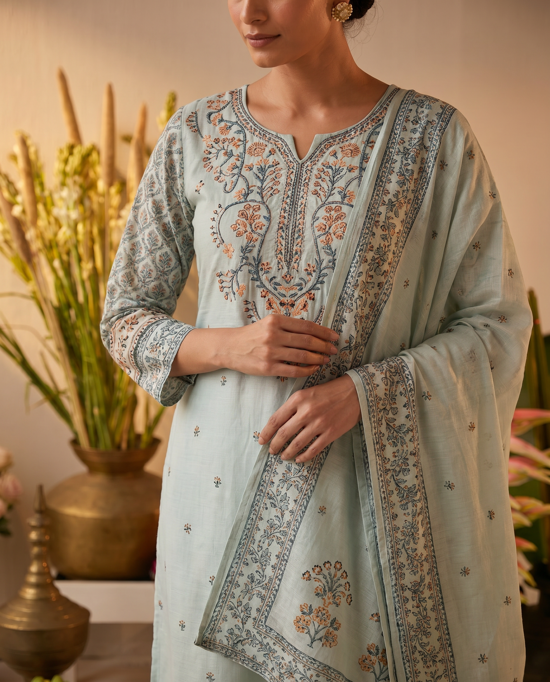 Light Green Embroidered Salwar Suit Set with Grey Detail - closeup