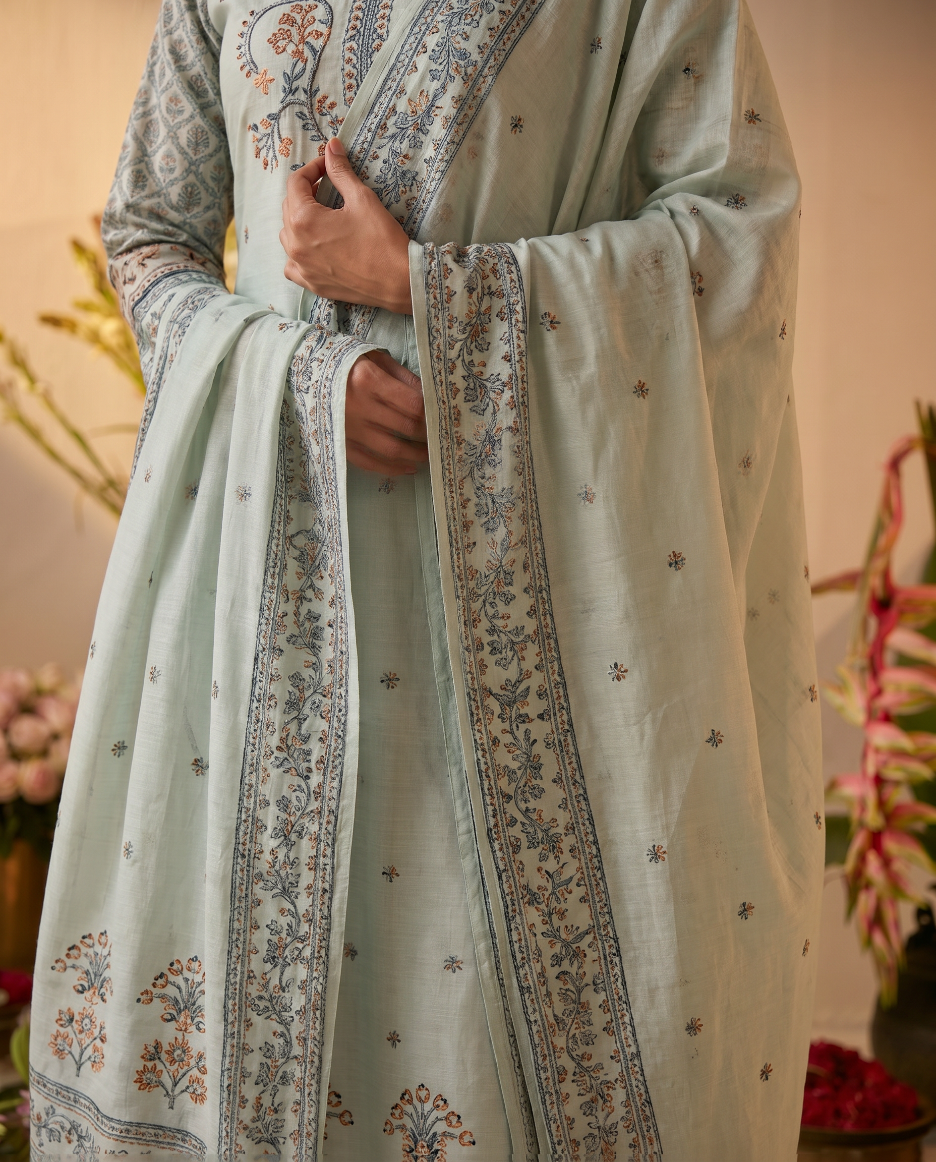 Light Green Embroidered Salwar Suit Set with Grey Detail - dupatta