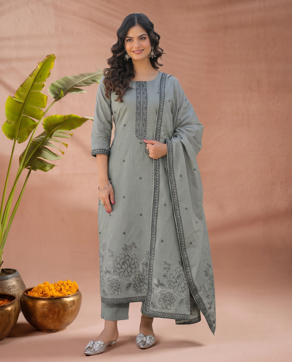 Light Grey Embroidered Salwar Suit Set with Dark Grey Detail - front