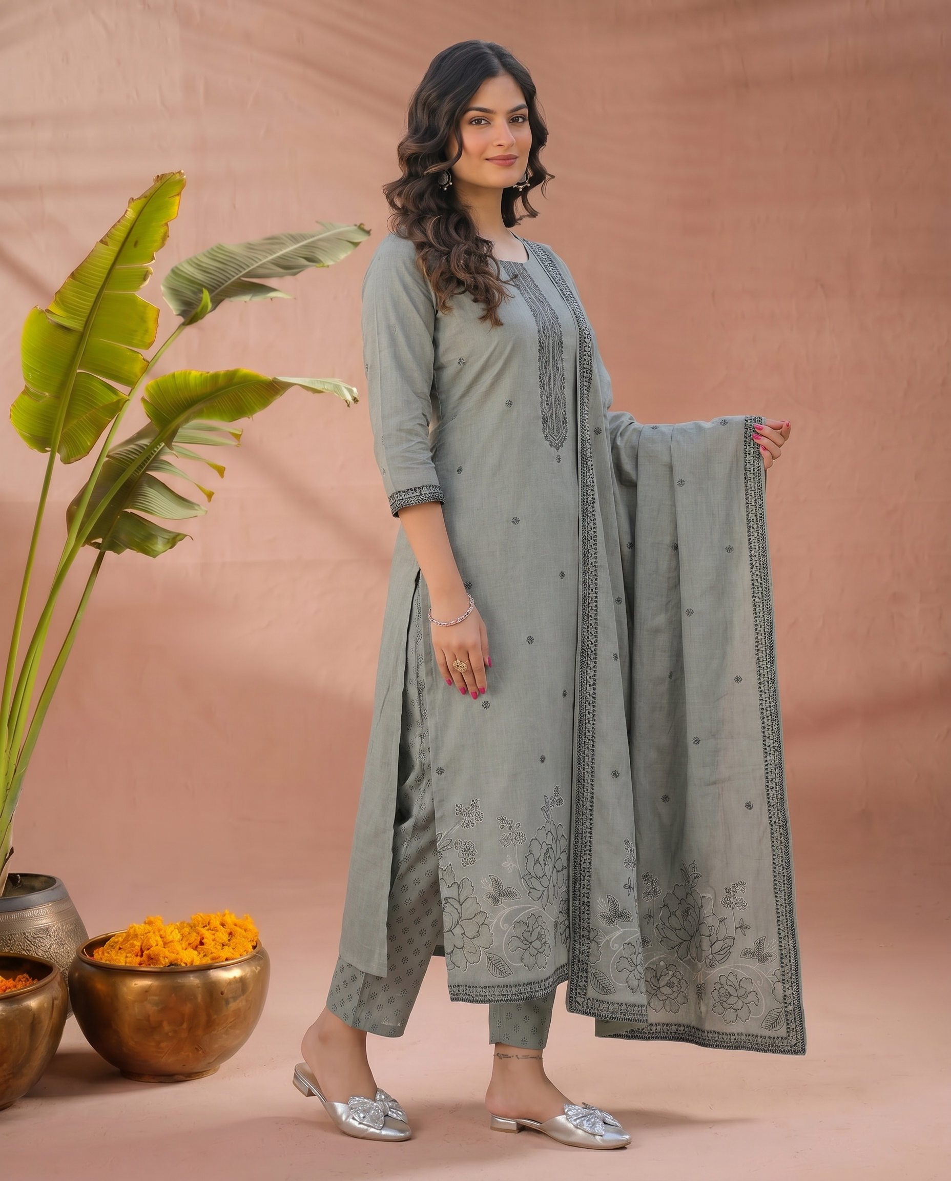Light Grey Embroidered Salwar Suit Set with Dark Grey Detail - side