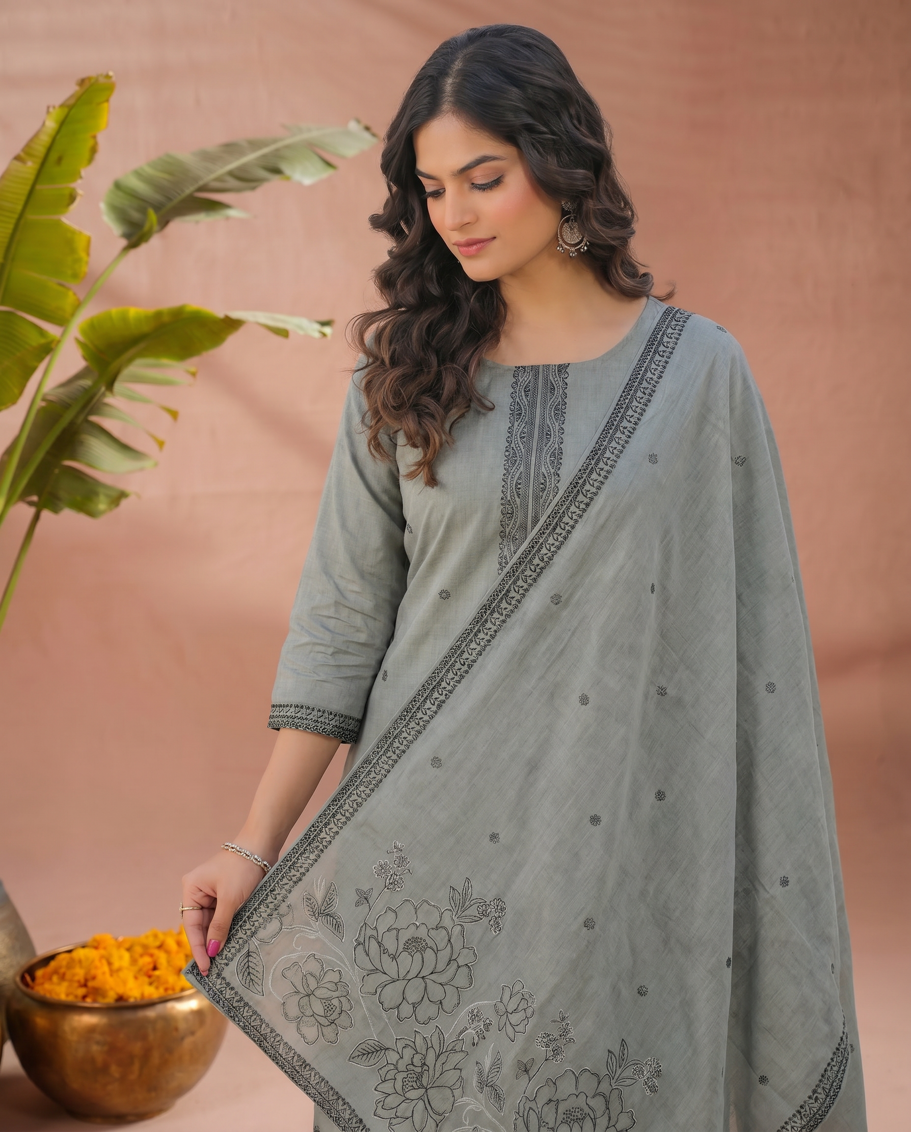 Light Grey Embroidered Salwar Suit Set with Dark Grey Detail - closeup
