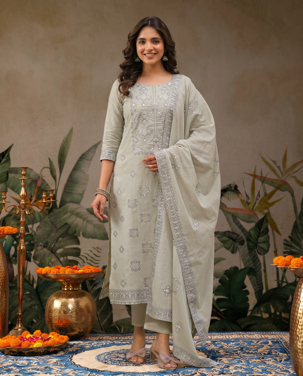 Light Grey Embroidered Salwar Suit Set with Silver Detail - front