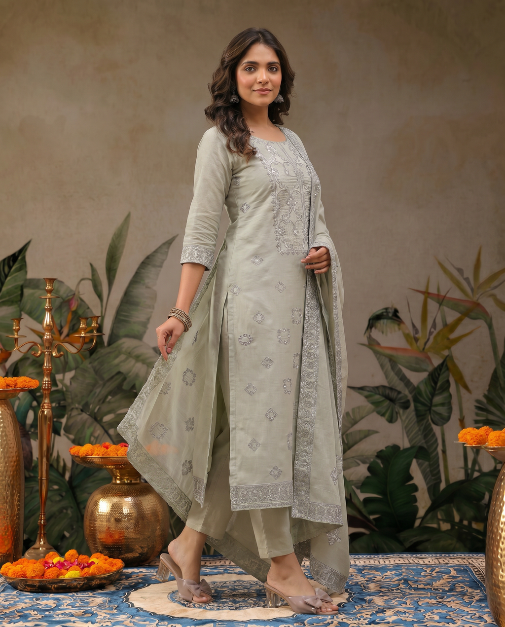 Light Grey Embroidered Salwar Suit Set with Silver Detail - side