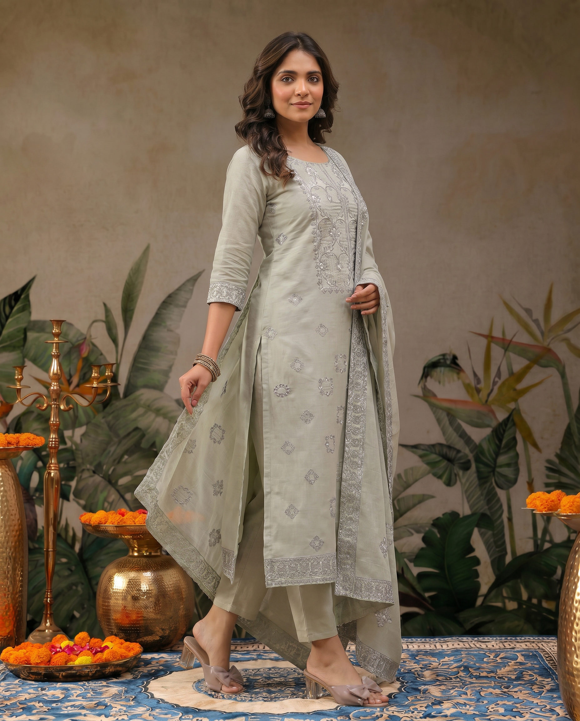 Light Grey Embroidered Salwar Suit Set with Silver Detail - side