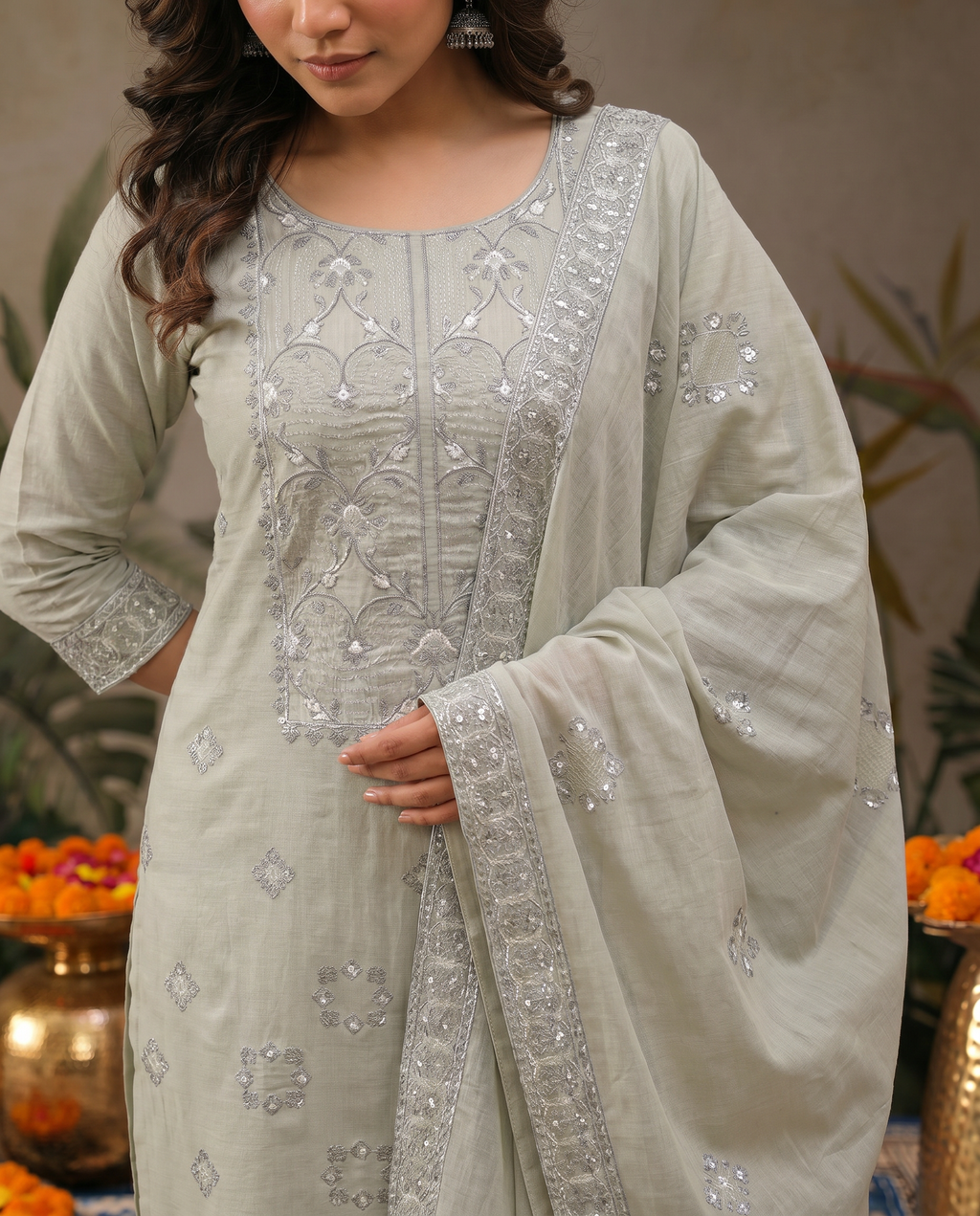 Light Grey Embroidered Salwar Suit Set with Silver Detail - closeup