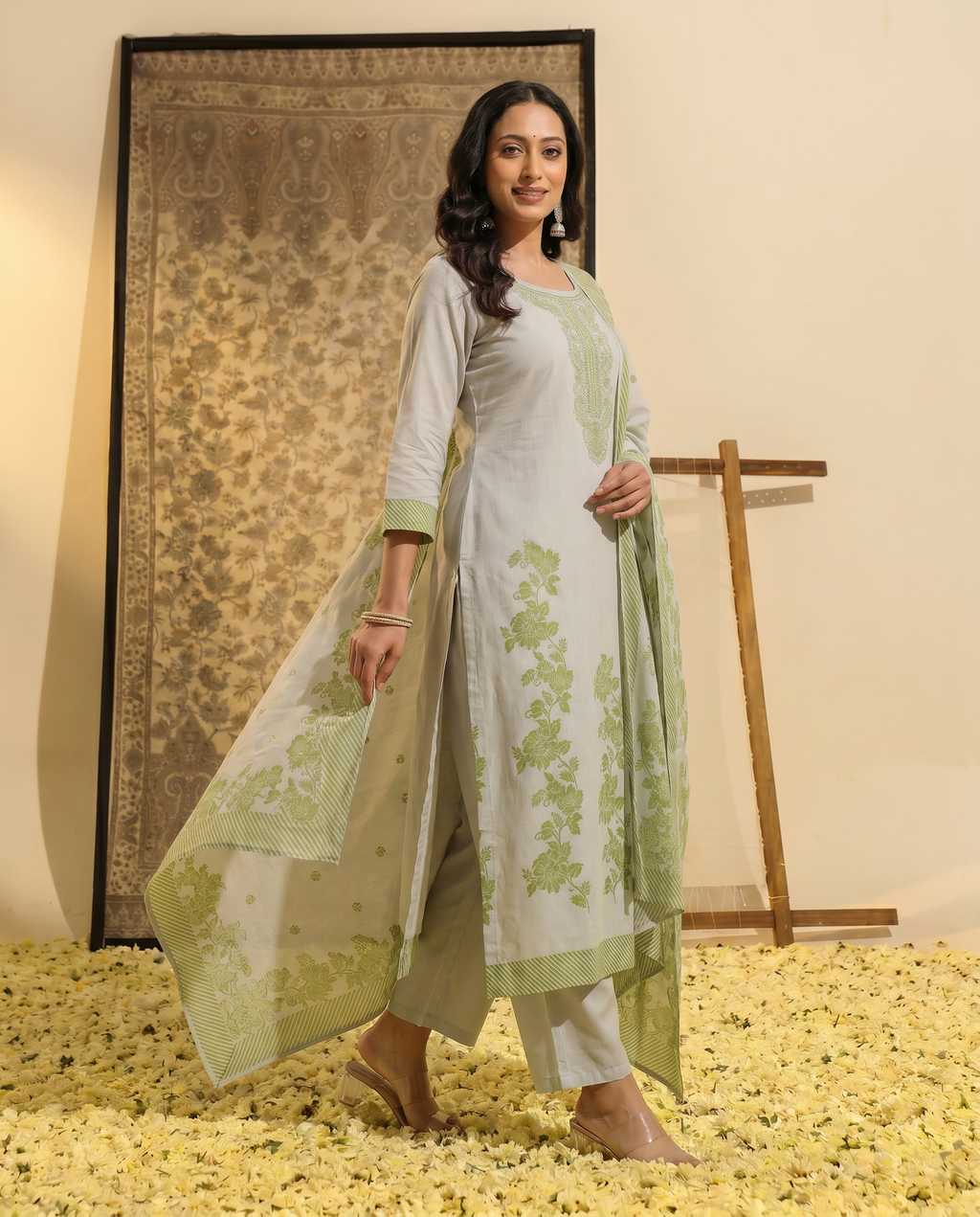 Light Grey Green Salwar Suit Set - side
