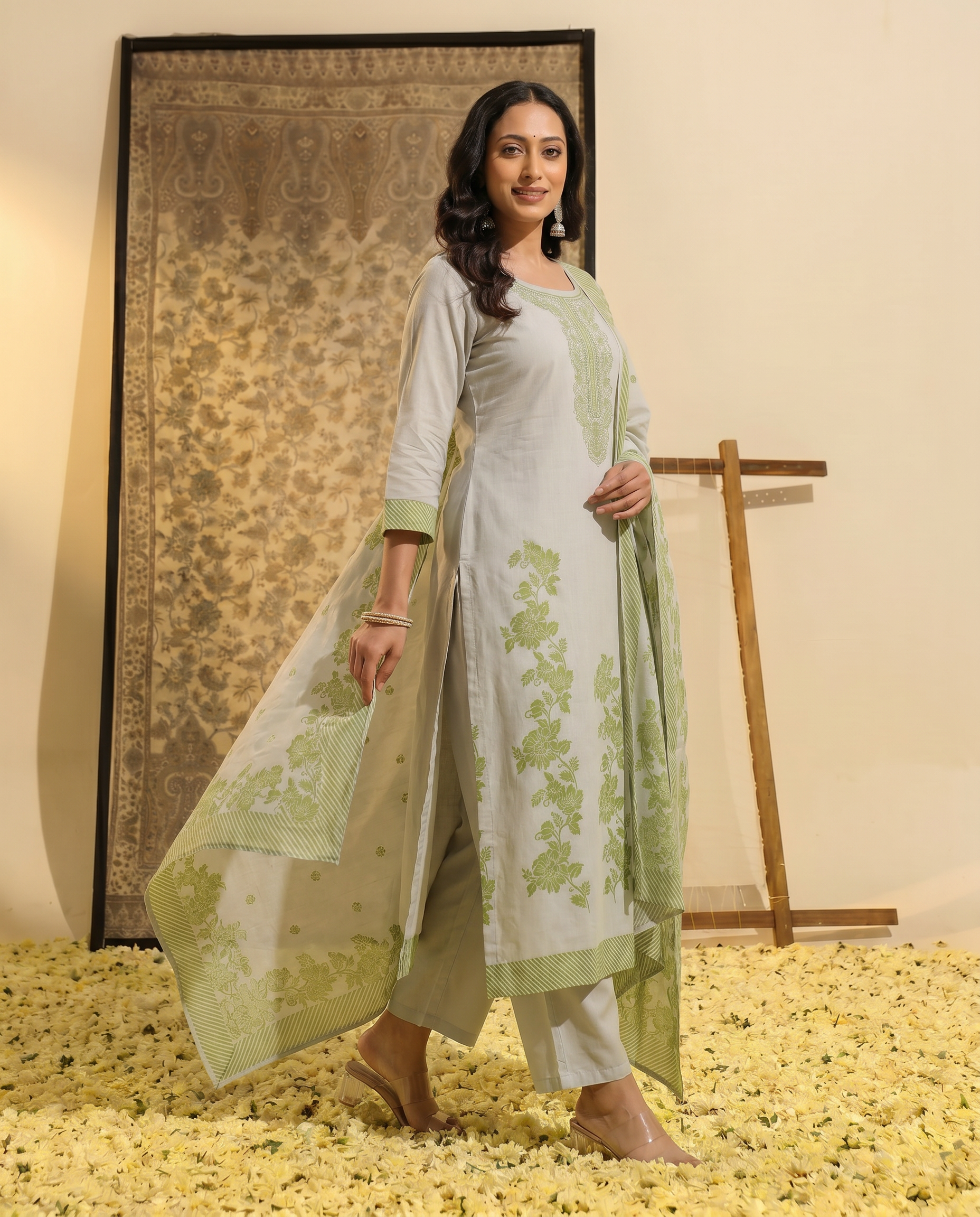 Light Grey Green Salwar Suit Set - side