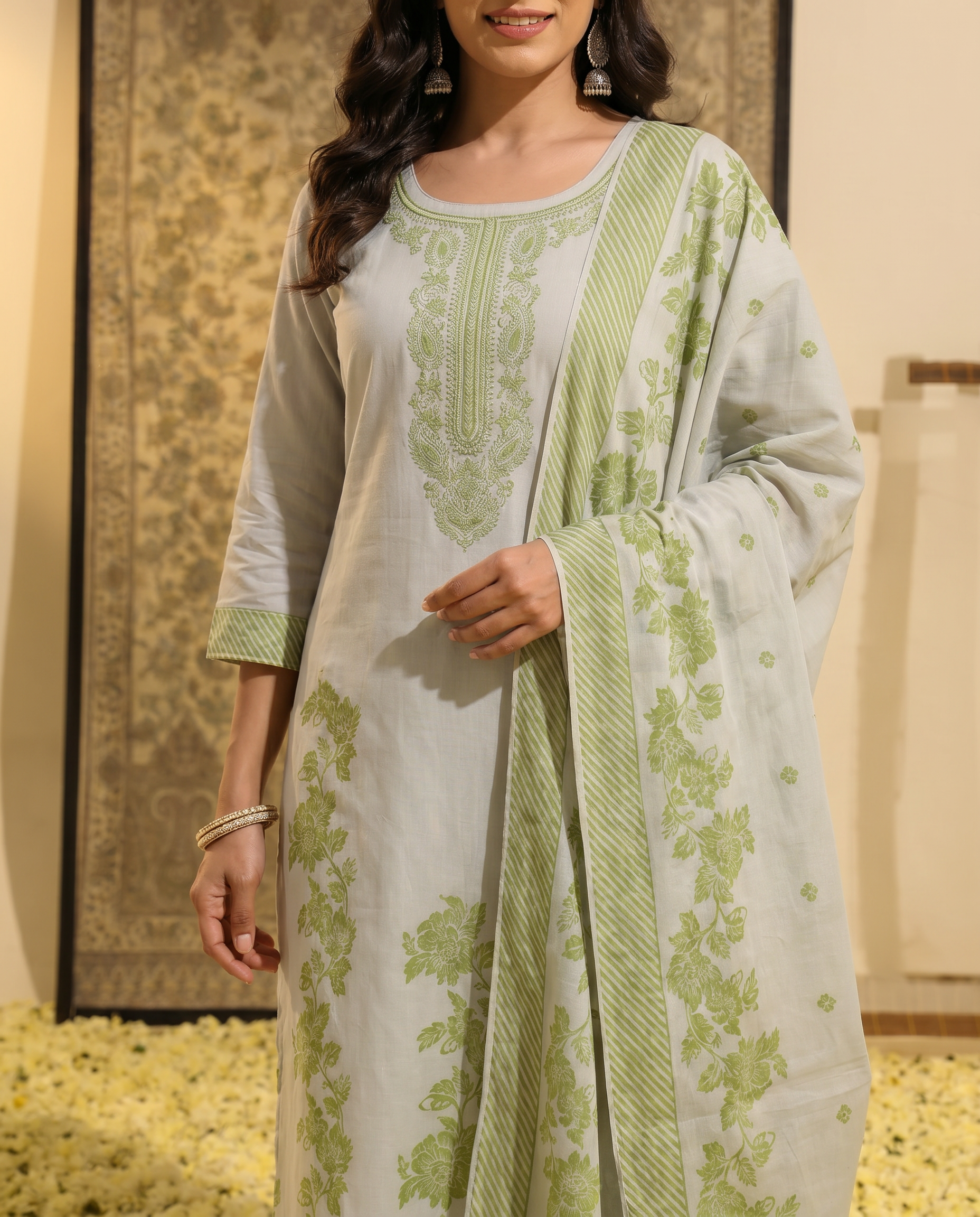 Light Grey Green Salwar Suit Set - closeup
