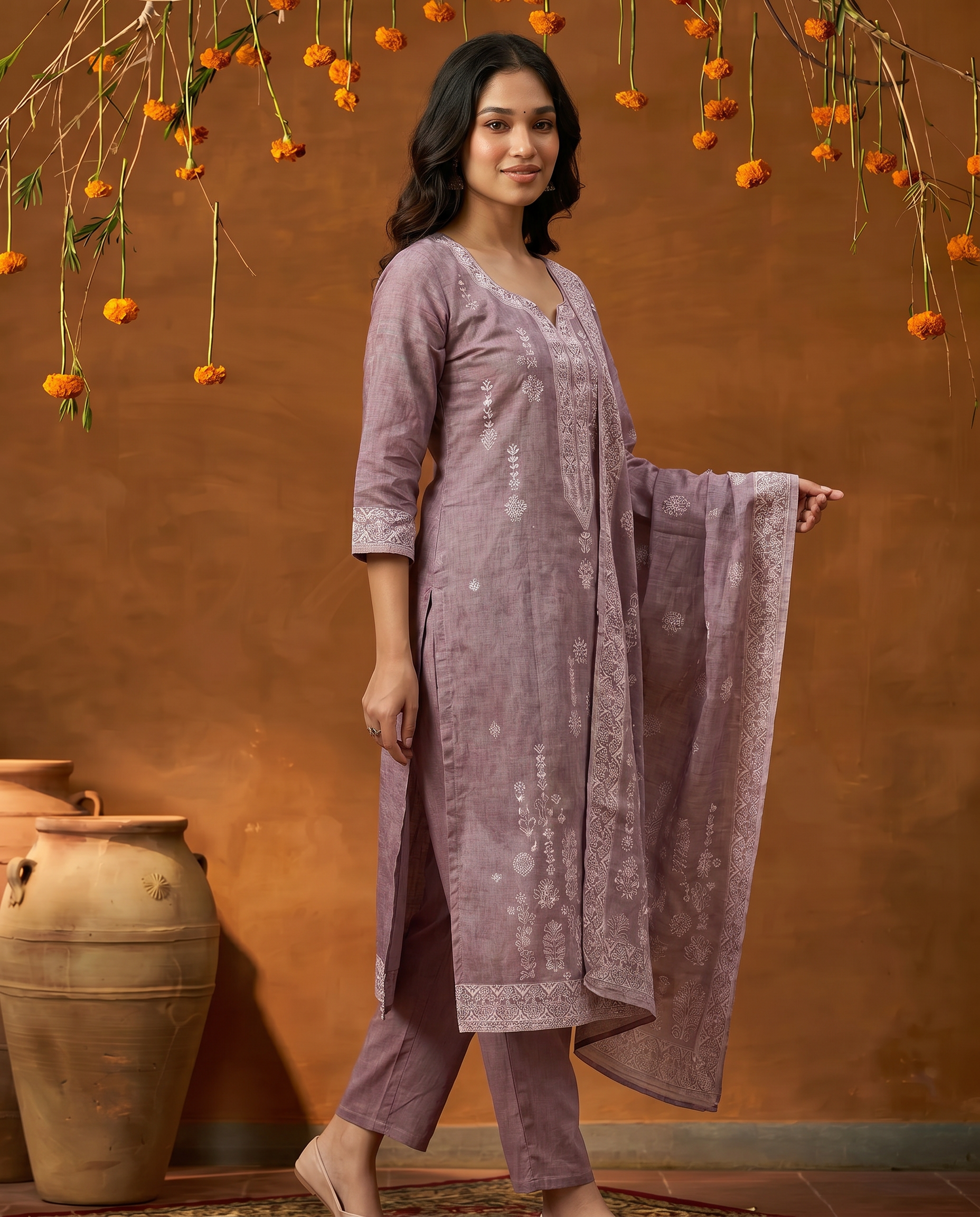 Lavender Embroidered Salwar Suit Set - side
