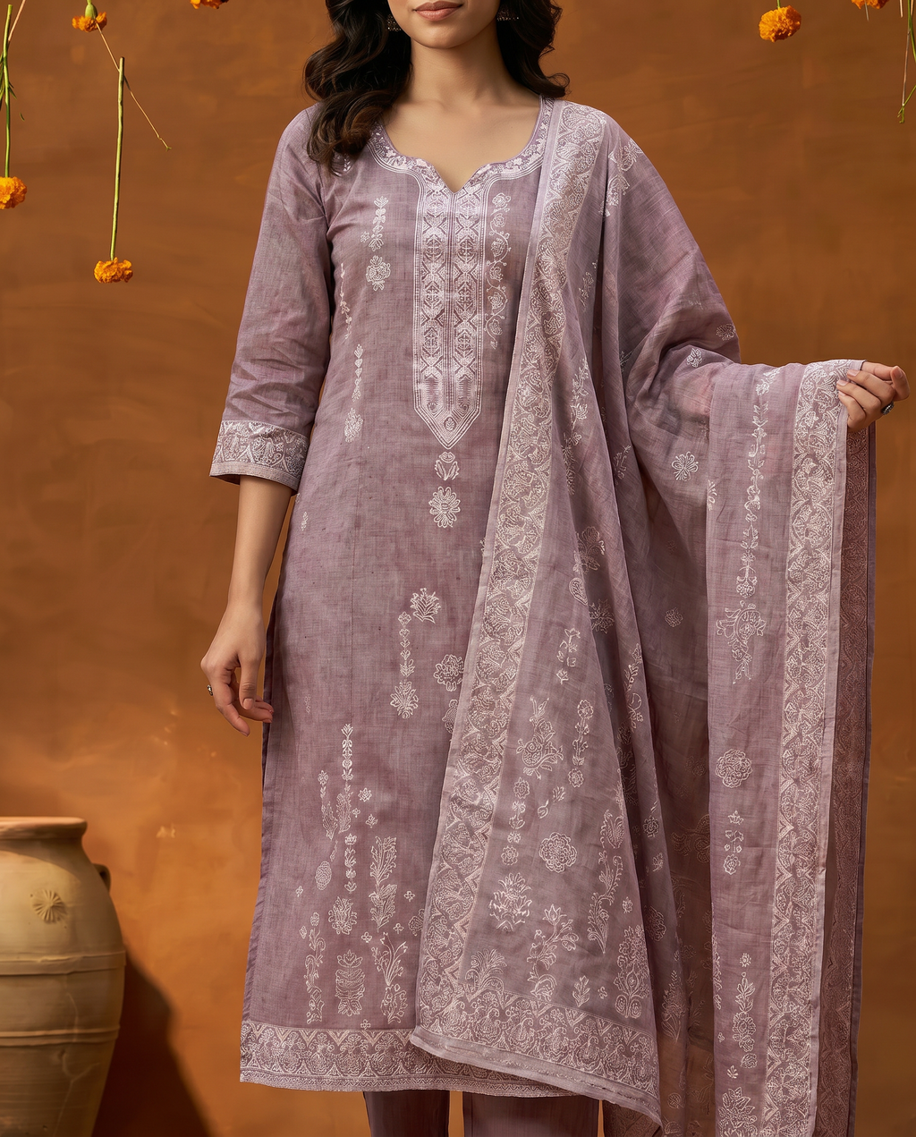 Lavender Embroidered Salwar Suit Set - closeup