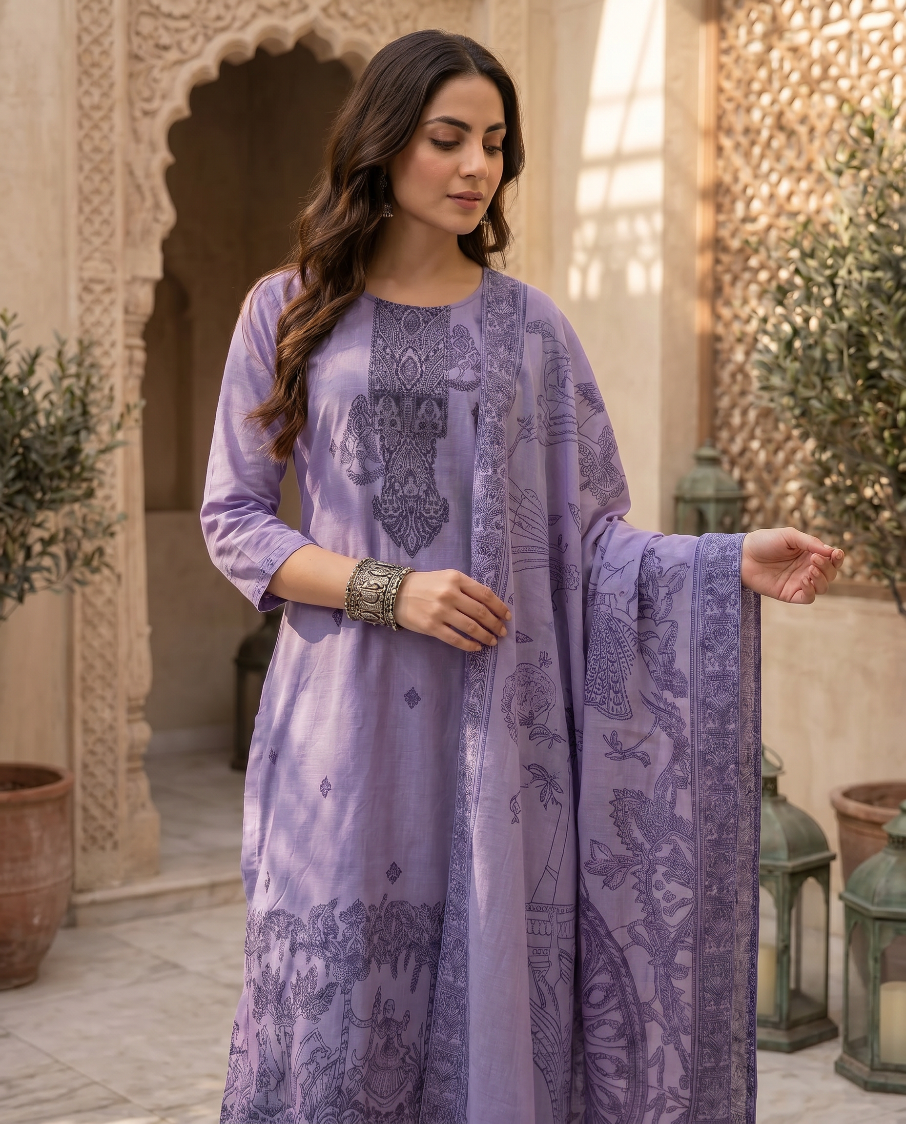 Light Purple Embroidered Salwar Suit Set with Blue Detail - closeup