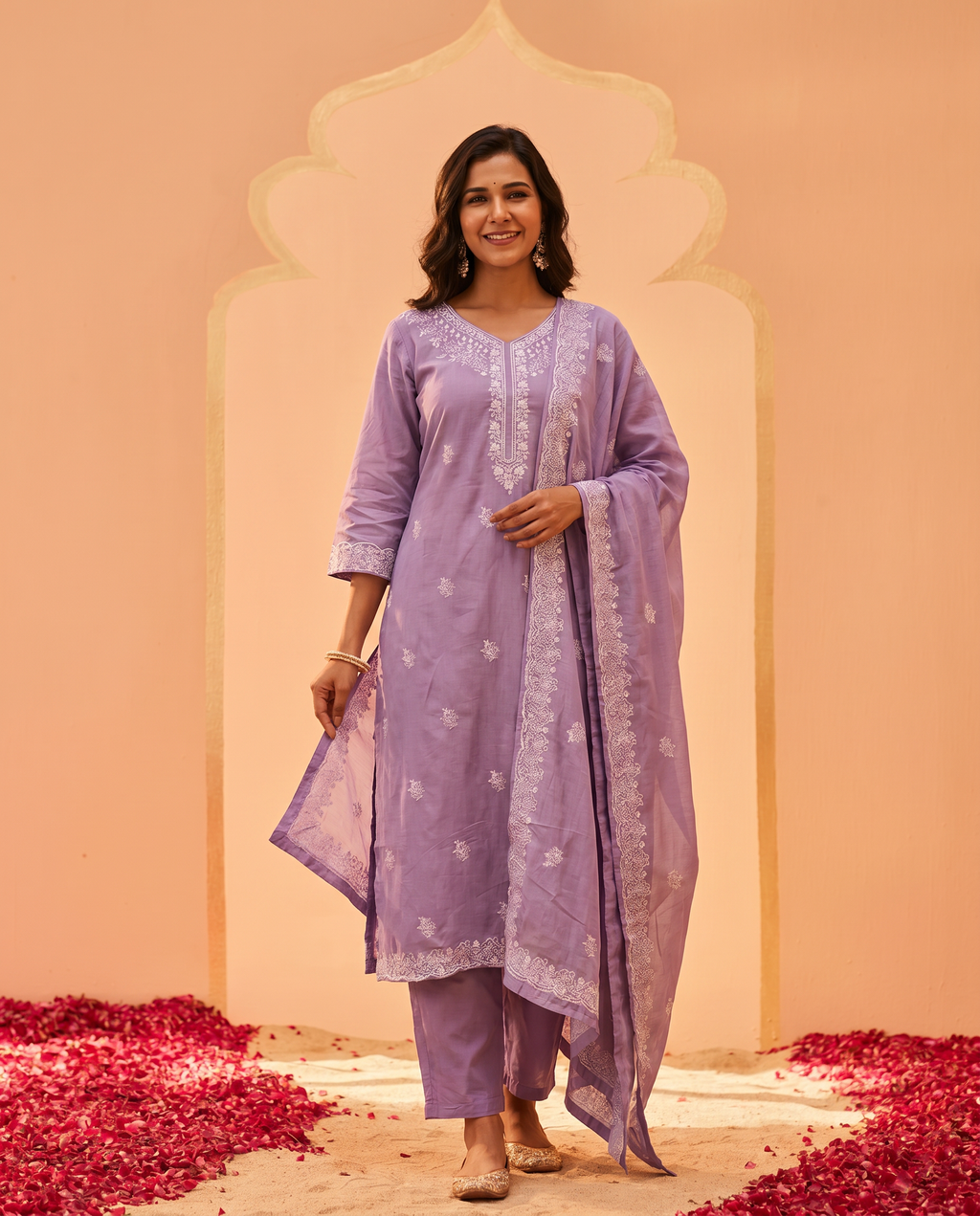Light Purple Embroidered Salwar Suit Set with White & Silver Detail - front
