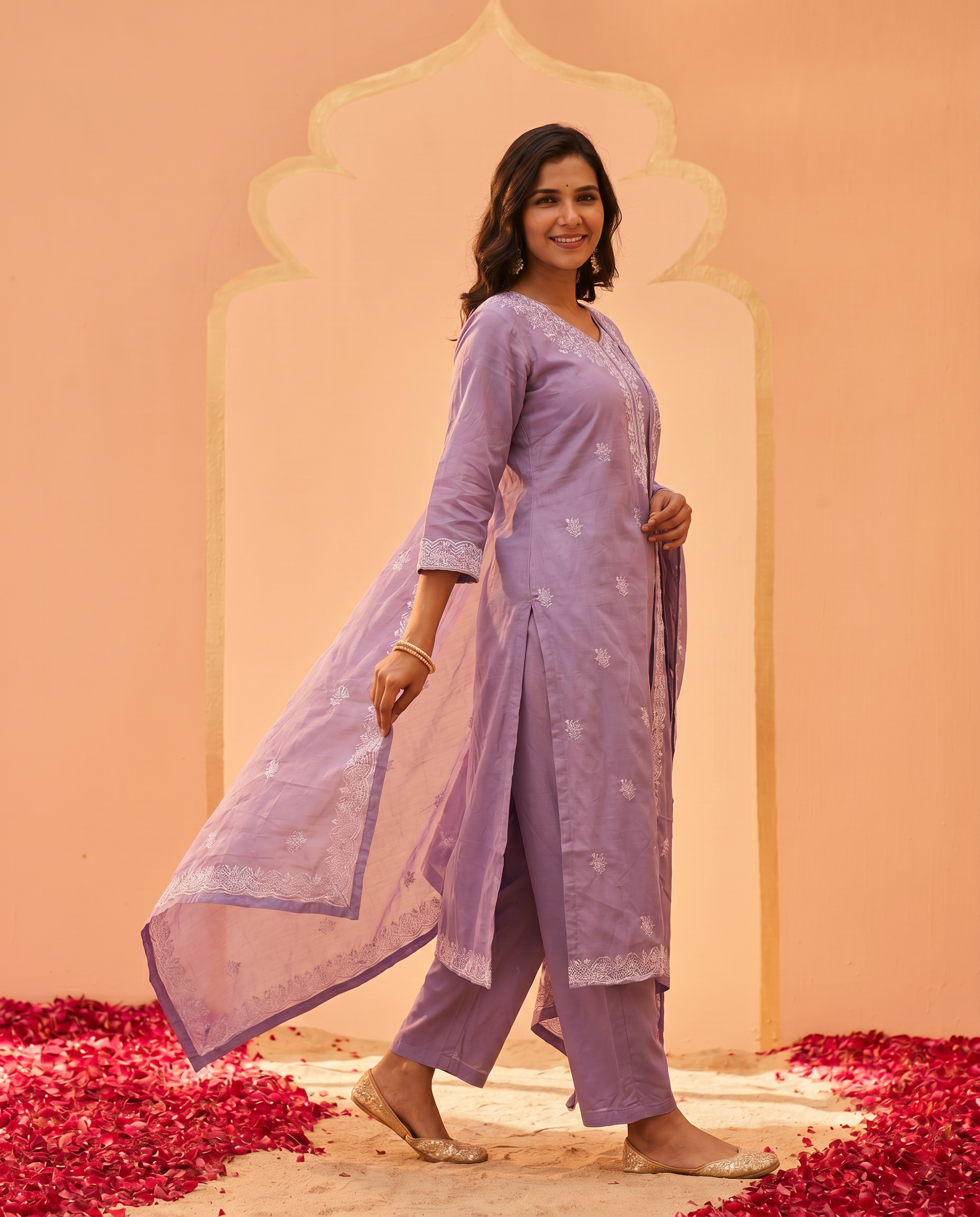 Light Purple Embroidered Salwar Suit Set with White & Silver Detail - side