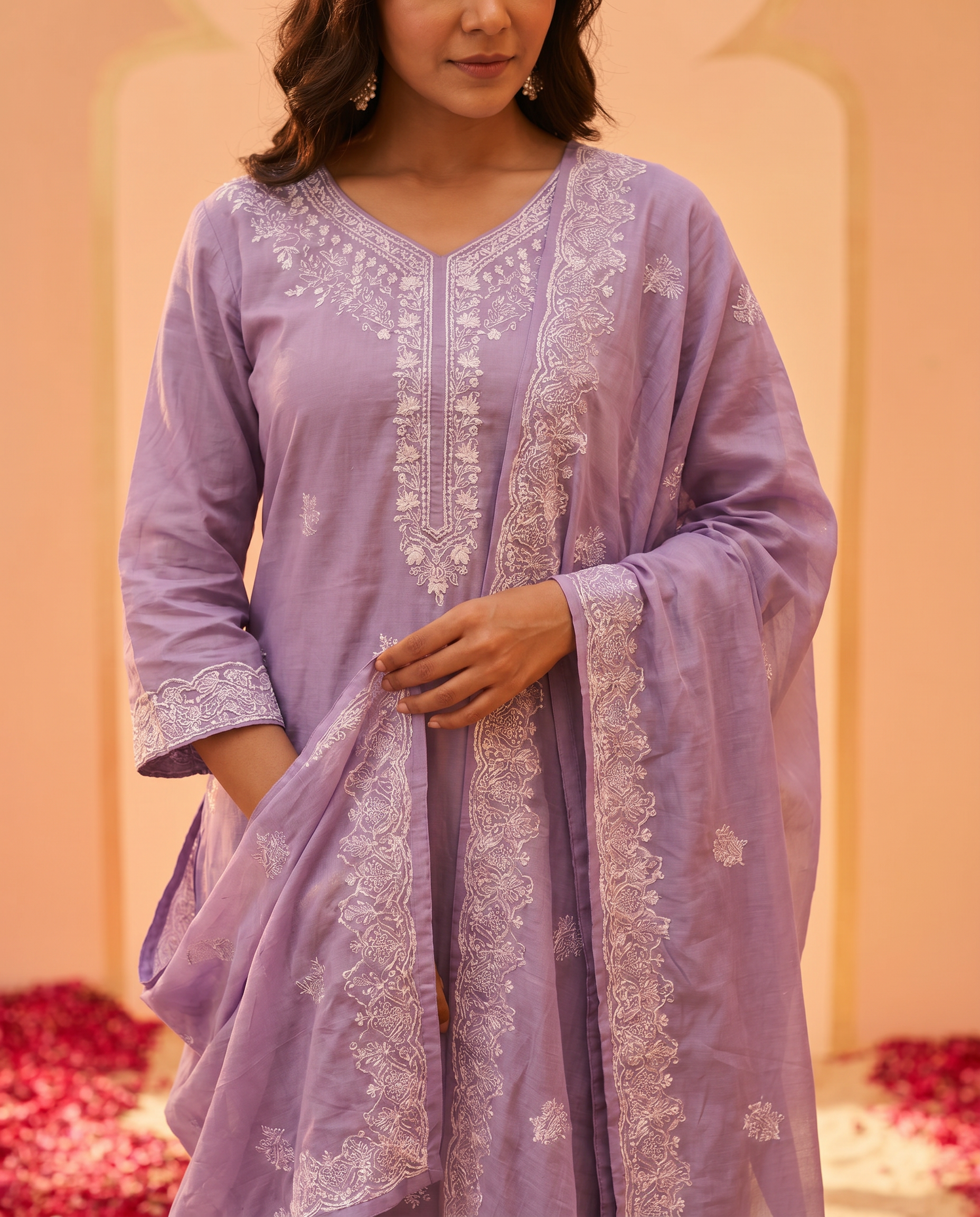 Light Purple Embroidered Salwar Suit Set with White & Silver Detail - closeup