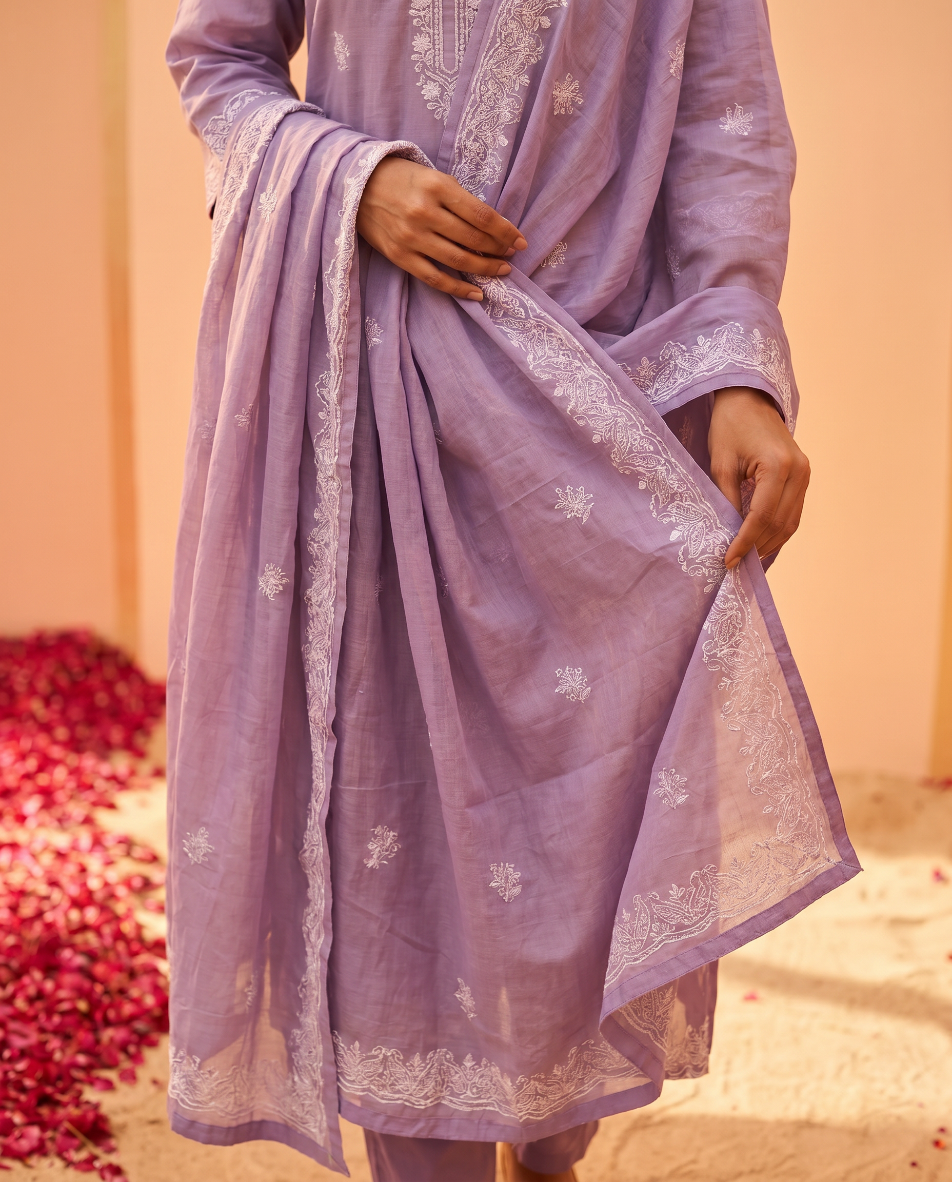 Light Purple Embroidered Salwar Suit Set with White & Silver Detail - dupatta