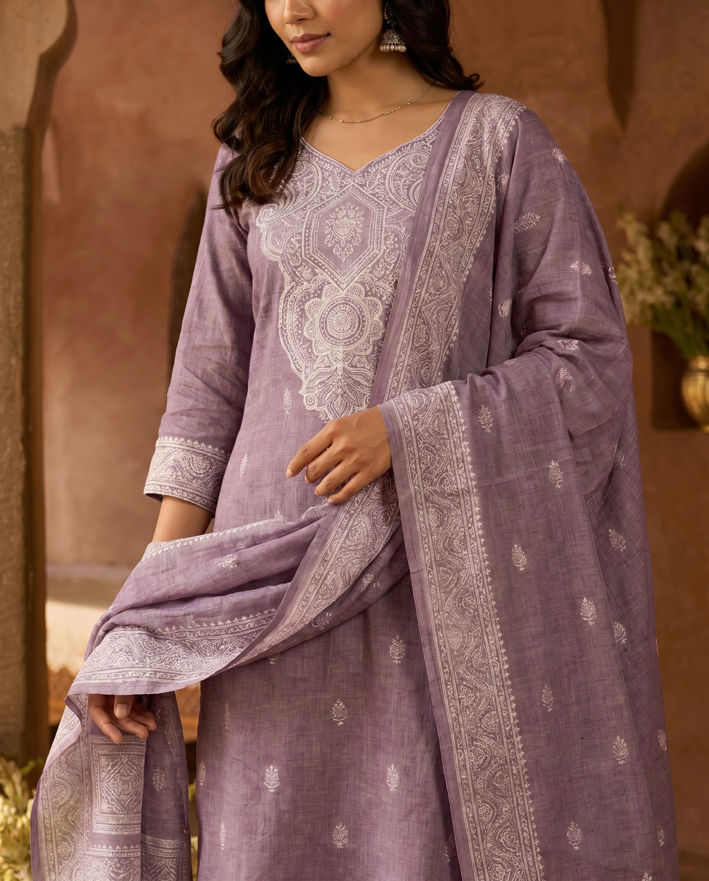 Light Purple Embroidery-Style Salwar Suit Set - closeup