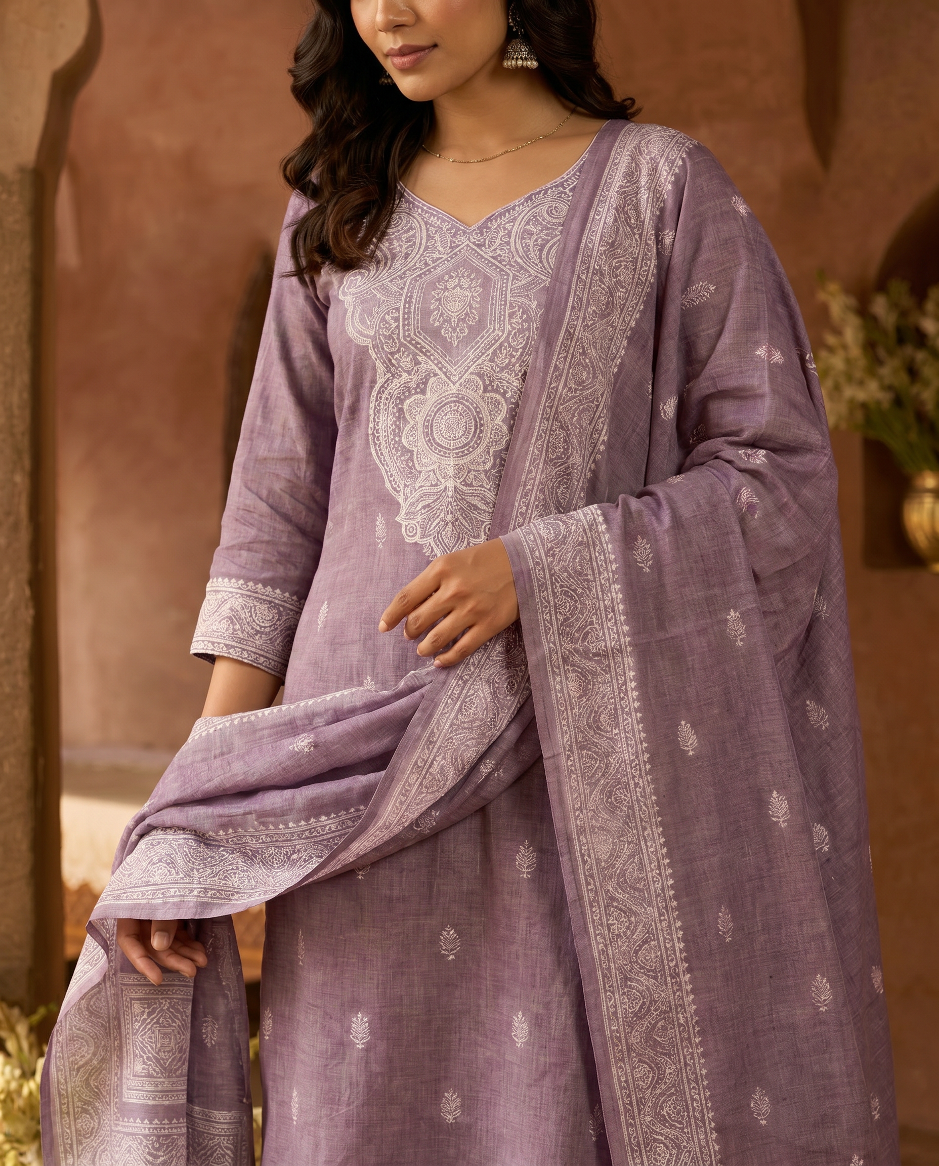 Light Purple Embroidery-Style Salwar Suit Set - closeup