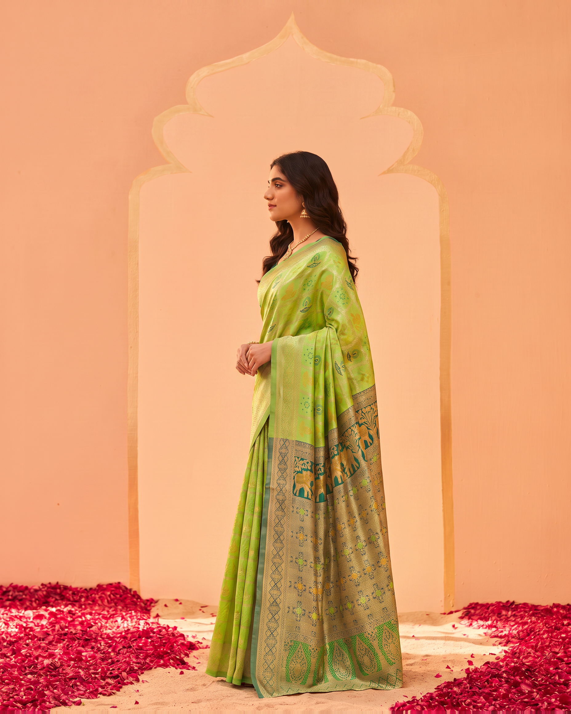 Lime Green Pastel Silk Saree with Floral Woven Pallu - side drape