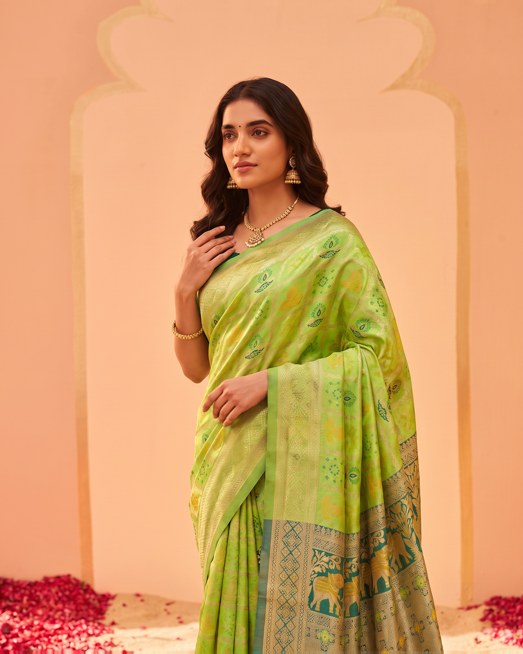 Lime Green Pastel Silk Saree with Floral Woven Pallu - upper closeup