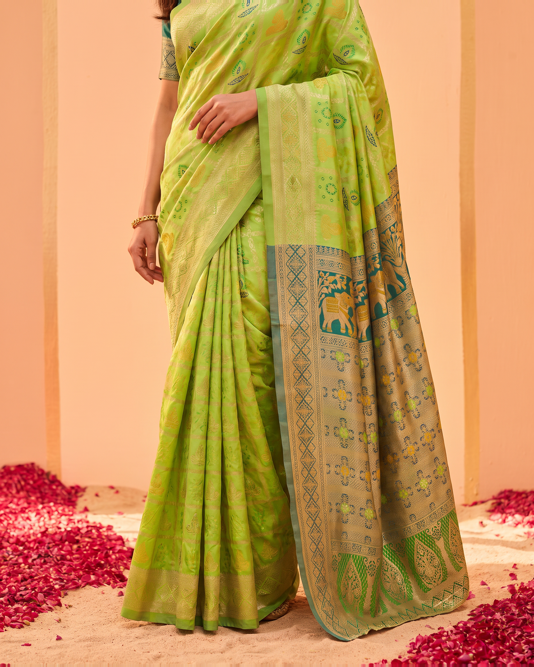 Lime Green Pastel Silk Saree with Floral Woven Pallu - lower closeup