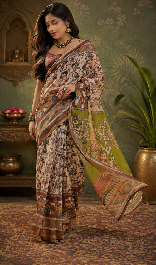 Brown Ajrakh Linen Digital Printed Party Wear Saree - full saree