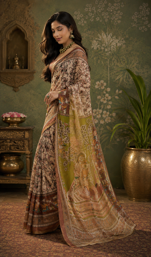 Brown Ajrakh Linen Digital Printed Party Wear Saree - image 2