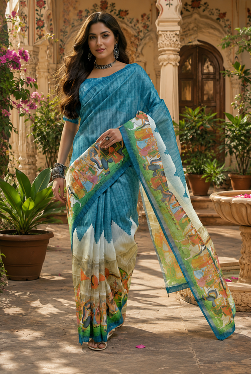 Blue Abstract Linen Digital Printed Party Wear Saree - full saree