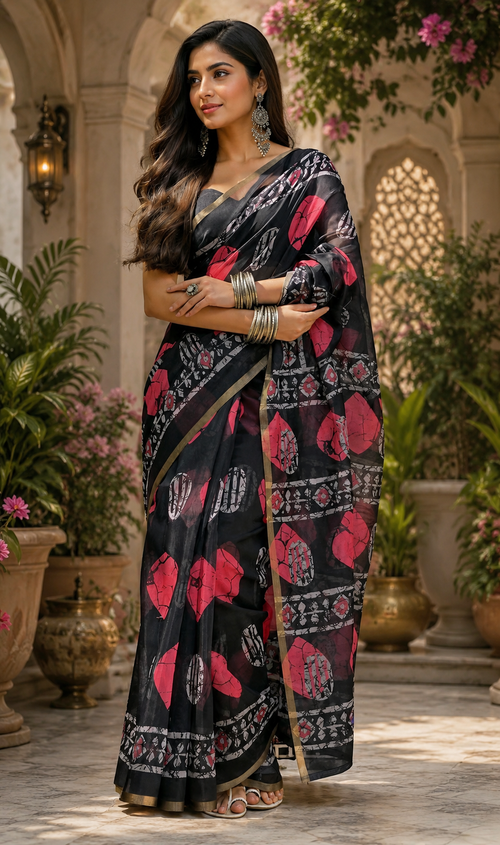 Black Pink Floral Linen Digital Printed Party Wear Saree - full saree