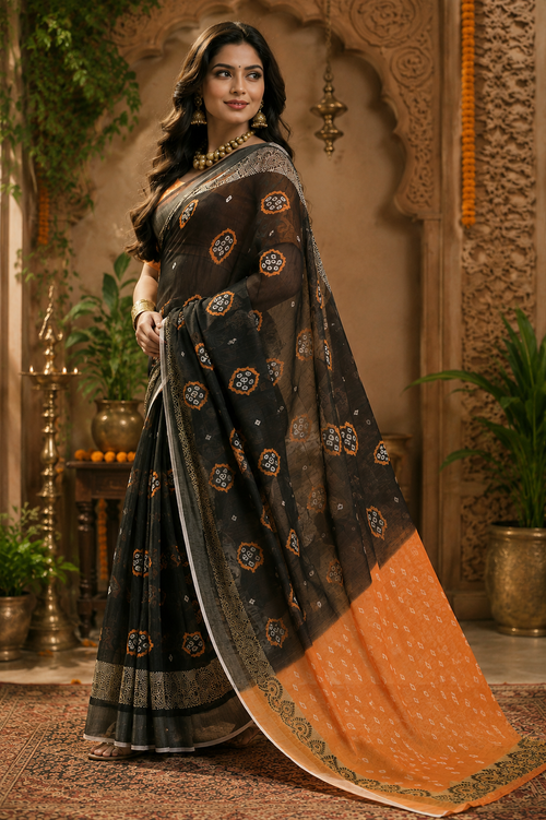 Black Orange Border Linen Digital Printed Party Wear Saree - image 2