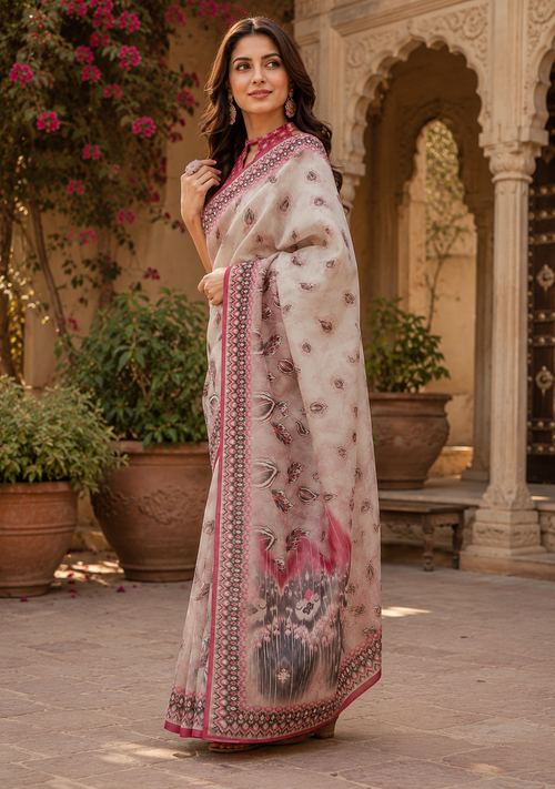 Blush Pink Floral Linen Digital Printed Party Wear Saree - image 2