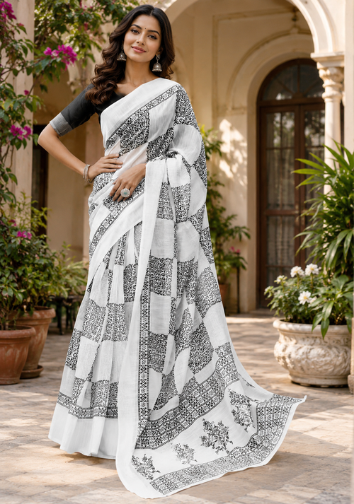 Black White Geometric Linen Digital Printed Party Wear Saree - full saree