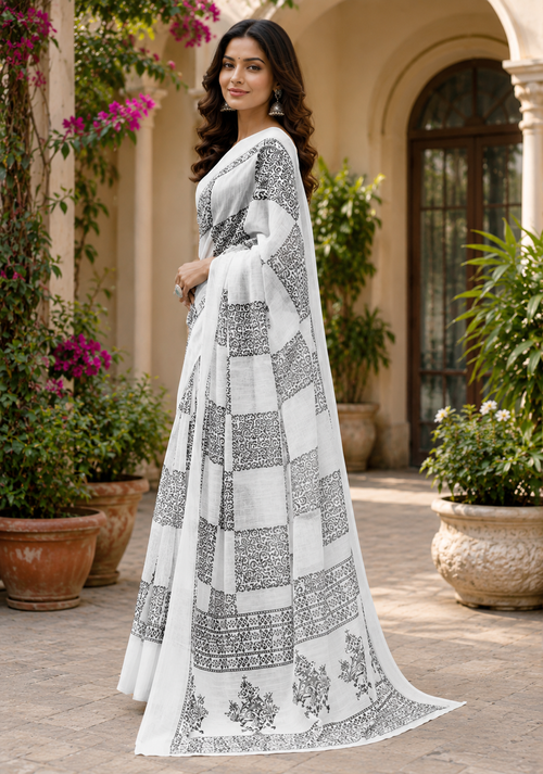 Black White Geometric Linen Digital Printed Party Wear Saree - image 2