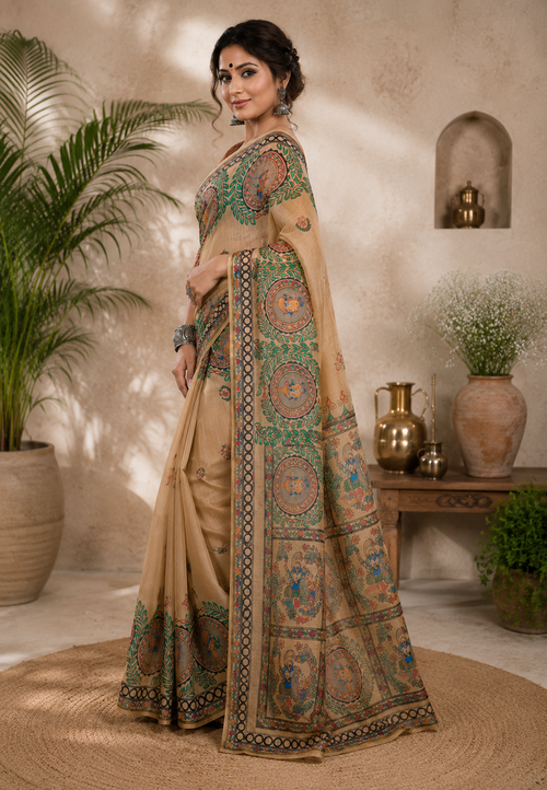 Beige Leaf Linen Digital Printed Party Wear Saree - image 2