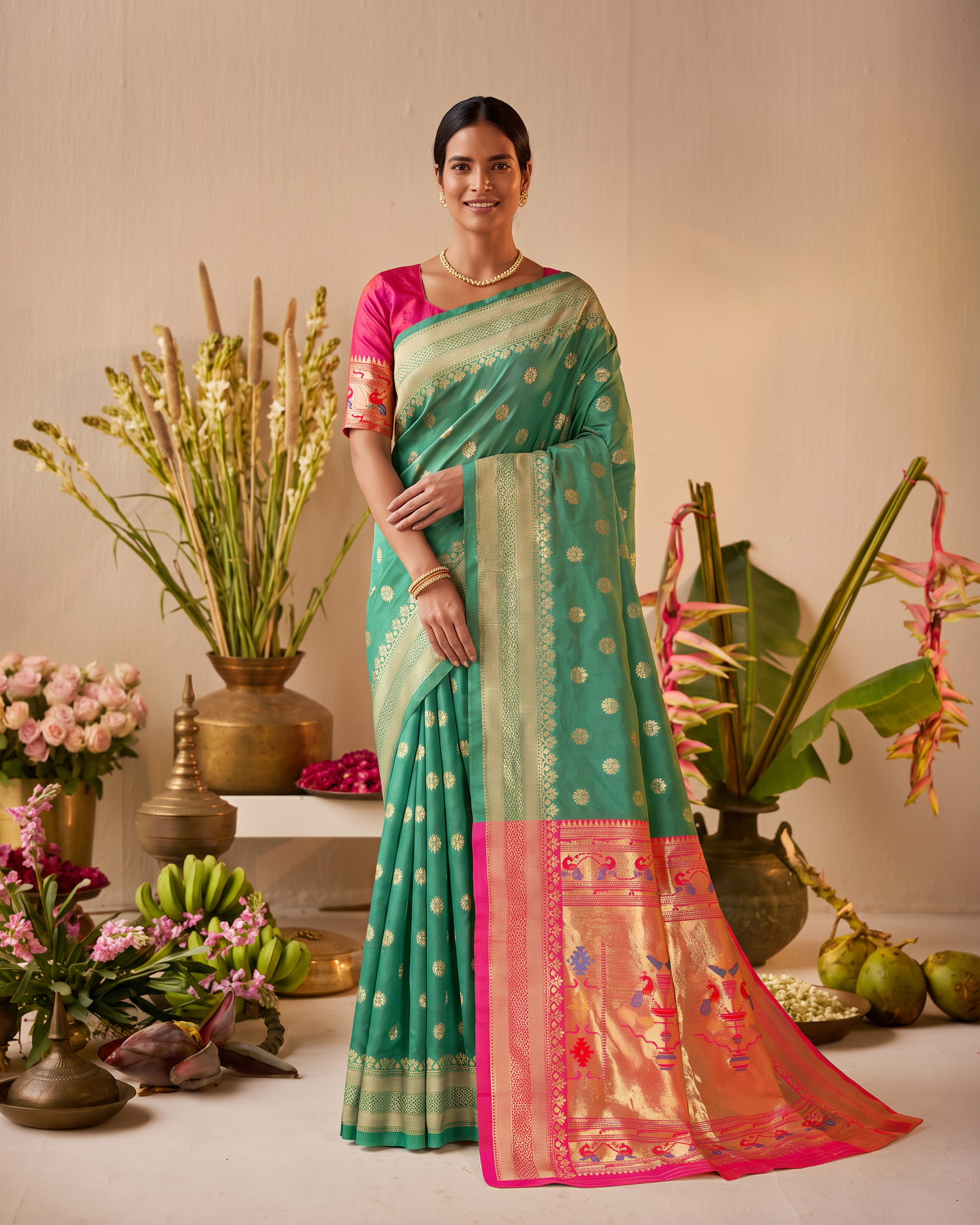 Madhura Floral Zari Paithani Silk Saree - Aqua Green - full saree hero