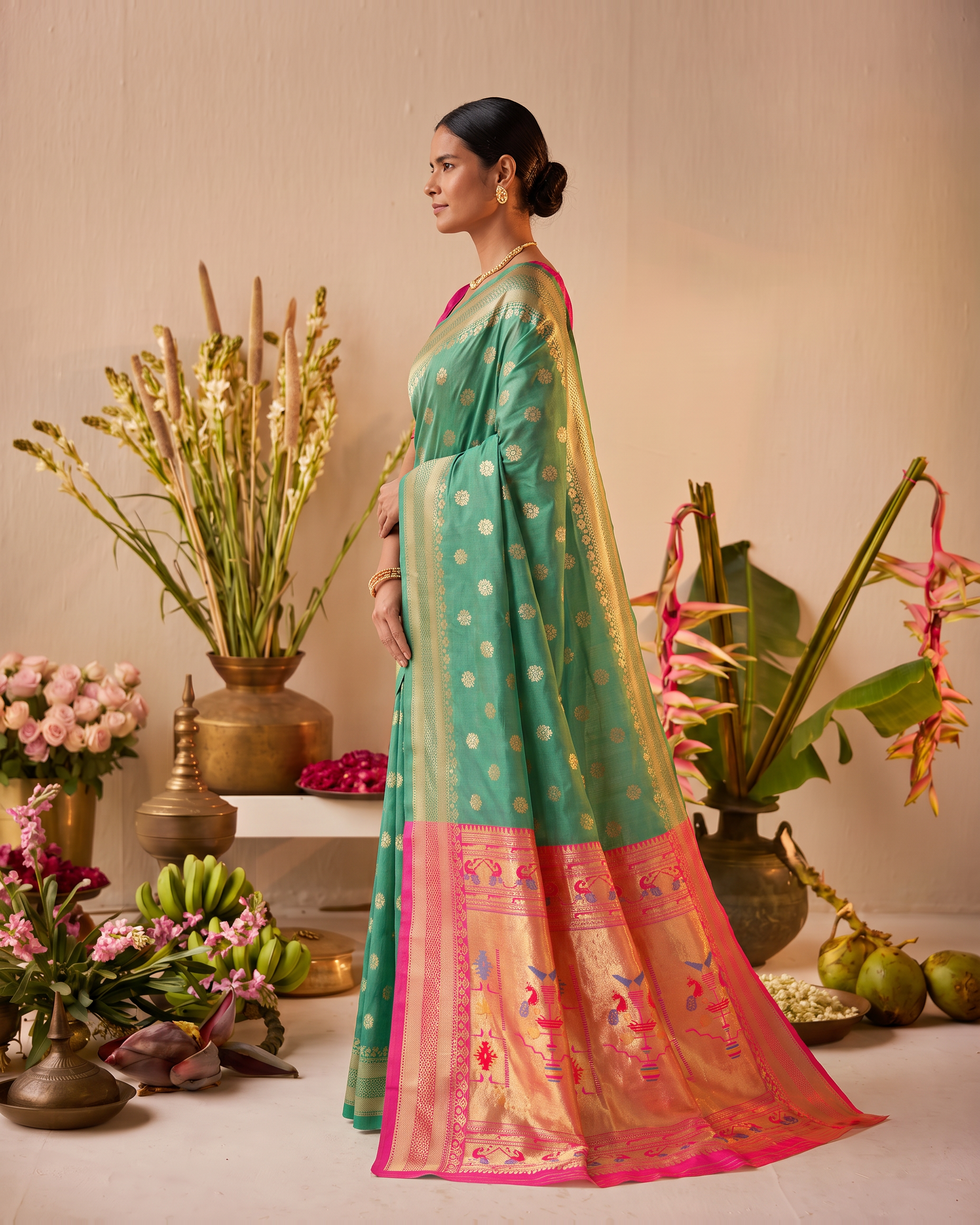 Madhura Floral Zari Paithani Silk Saree - Aqua Green - side drape